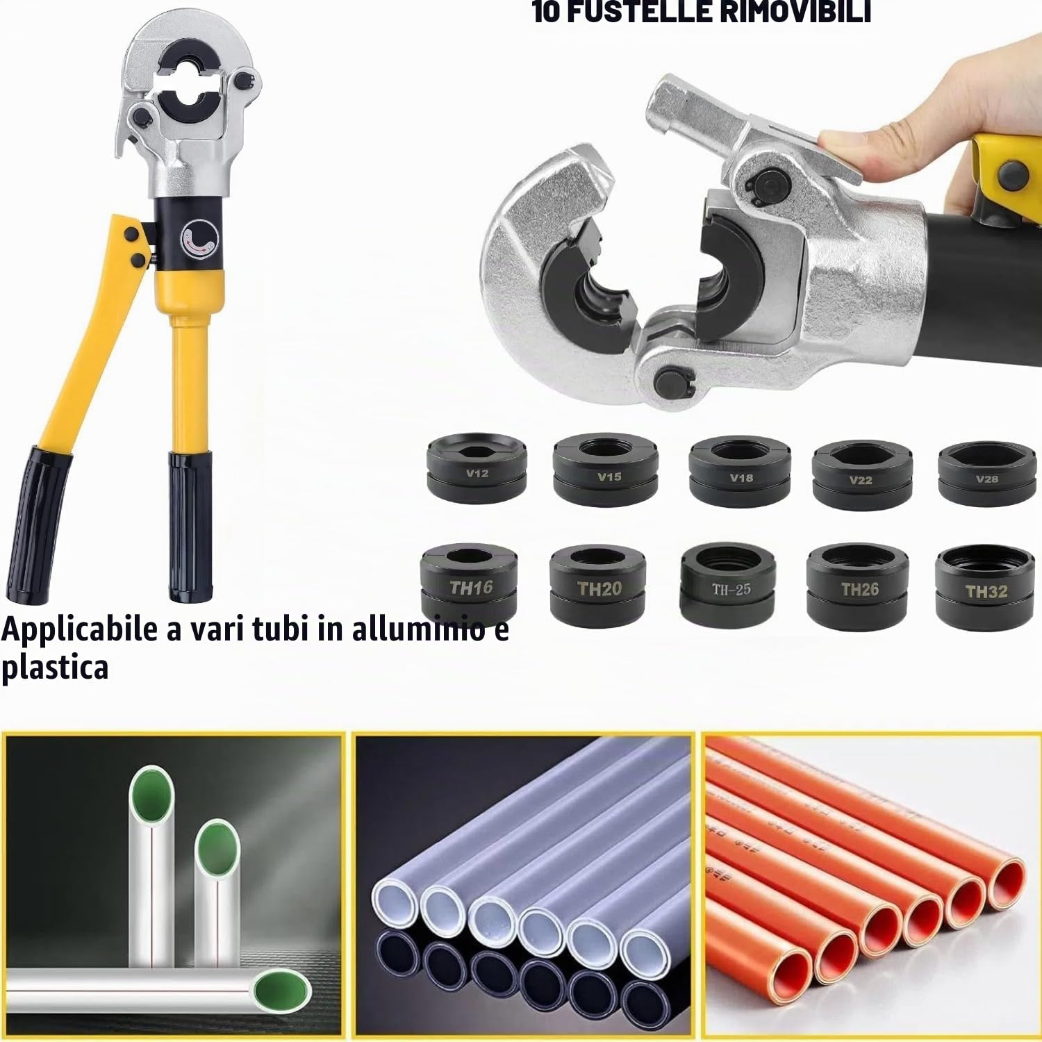 8T Utensili di crimpatura idraulici per tubi Pinza Idraulica Crimpare Set di Strumenti di Crimpatura Pinza a Pressione Idraulica per tubi in alluminio-plastica con Matrici