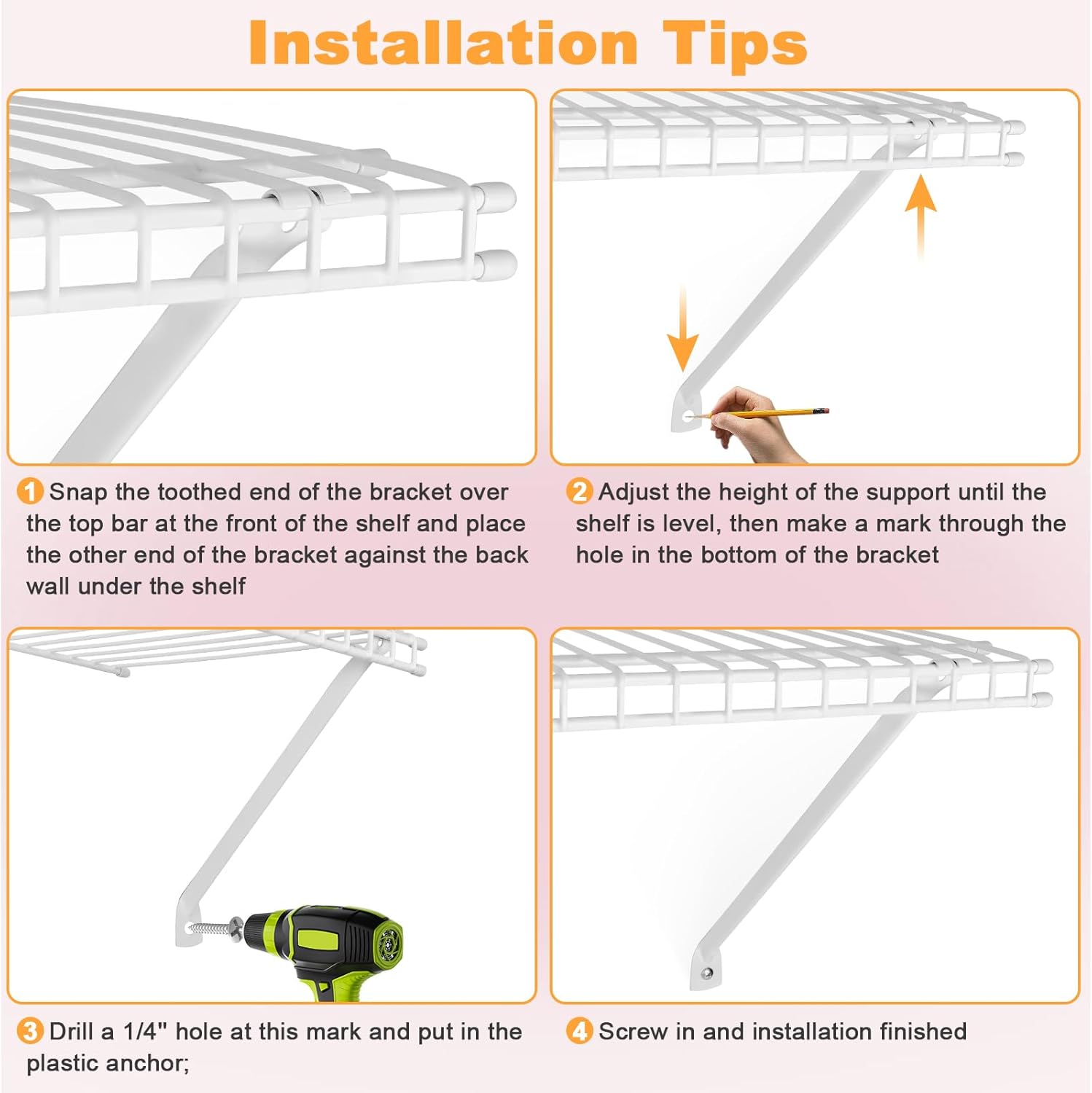 6 Packs Support Brackets for Wire Shelving,12 Inch Wire Shelf Brackets Metal Wire Closet Shelf Brackets with Anchors and Pins for Installation Wire Shelving Support Brackets