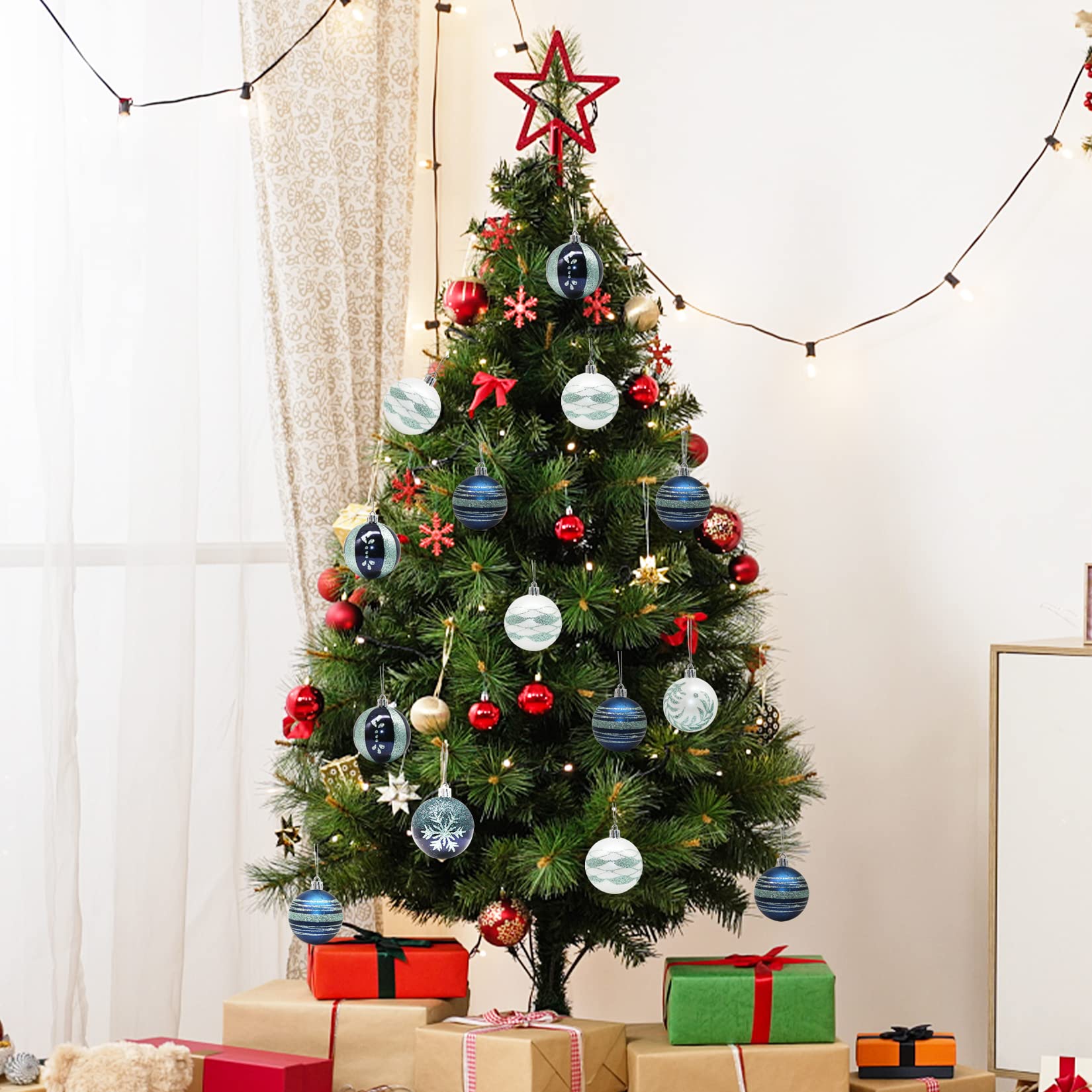 Kerstballen, 30 stuks, kerstdecoratieset, blauw en wit, 6 cm, kerstboomversiering, kerstballen, handgemaakt, met ophanghaakjes voor kerstboomversiering en kerstdecoratie, kerstballen, blauw