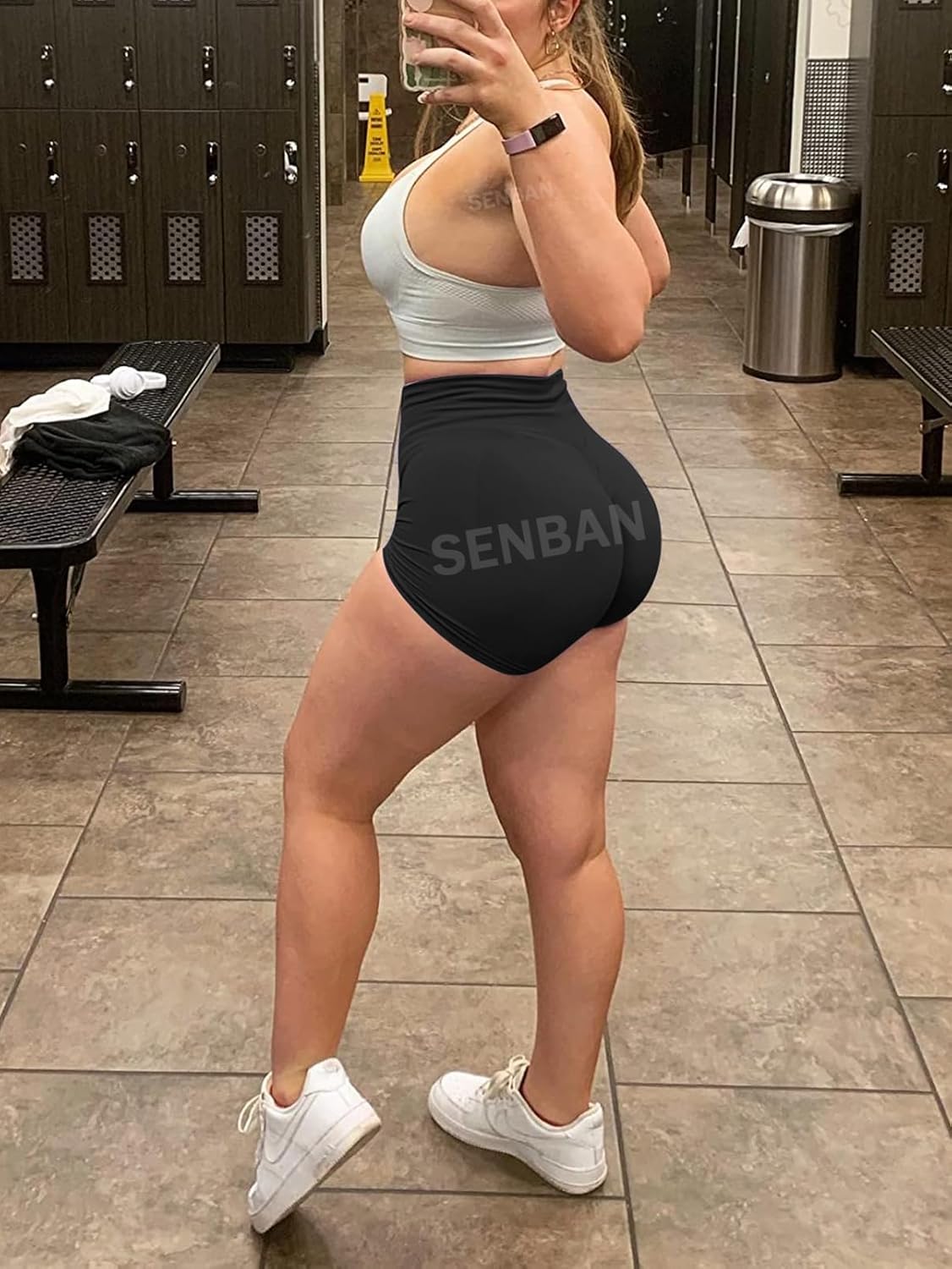 SENBAN 女性用ハイウエストショーツ:シームレス シュシュ バットヨガショーツ - ワークアウト ジム ブーティ ショーツ