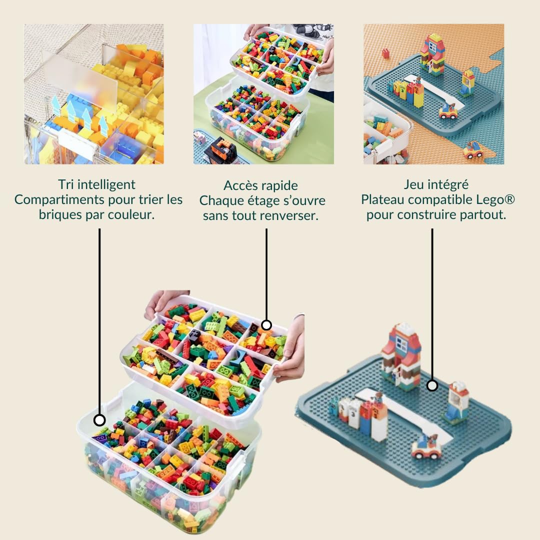 Aufbewahrungsbox aus Kunststoff für Lego Bausteine, 3 Ebenen, Aufbewahrungsbox für Lego mit Deckel, transparenter Organizer für Bausteine