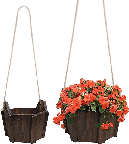 LIQING Hanging Planters for Outdoor Plants & Indoor Use – Gift for Moms, Plant Lovers, Housewarming | Thickened Wood Hanging Baskets for Plants, Adjustable Boho Planter with Flat Base (XL)