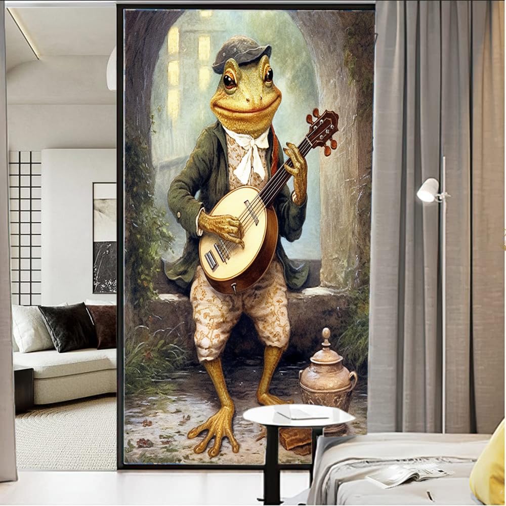Frog Street Performers Sichtschutzfolie für Fenster, Vintage, französisches Landhaus, Buntglas, Fensterabdeckung, statisch haftend, Fensterfolie für Zuhause, Büro, Geschäfte, 80 x 140 cm (B x L)