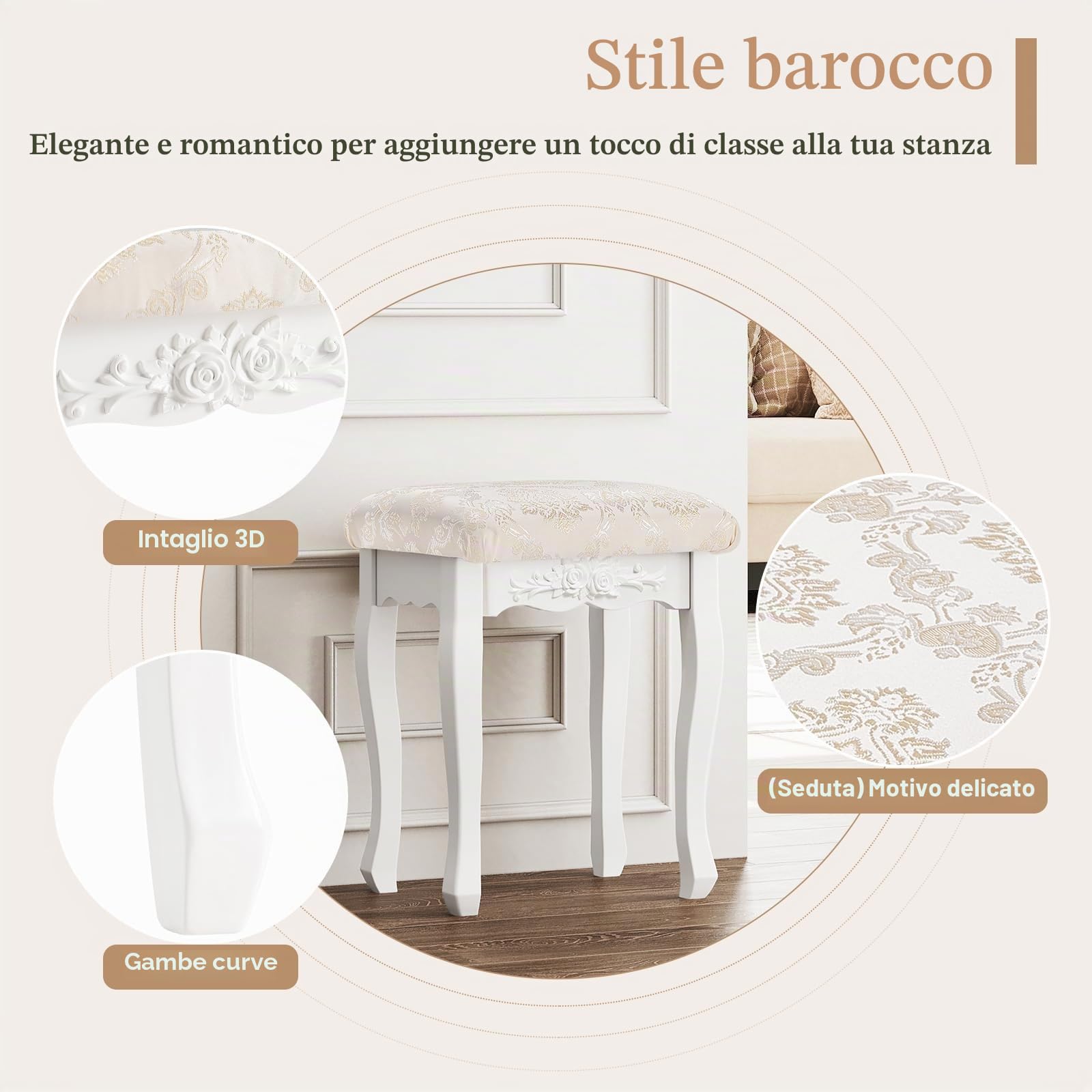 WOLTU Sgabello per Tavolo da Trucco, Toeletta Sedia Imbottita per Camera, Design Barocco, Legno di MDF+ Rovere, Bianco 40x30x50cm, MB6011