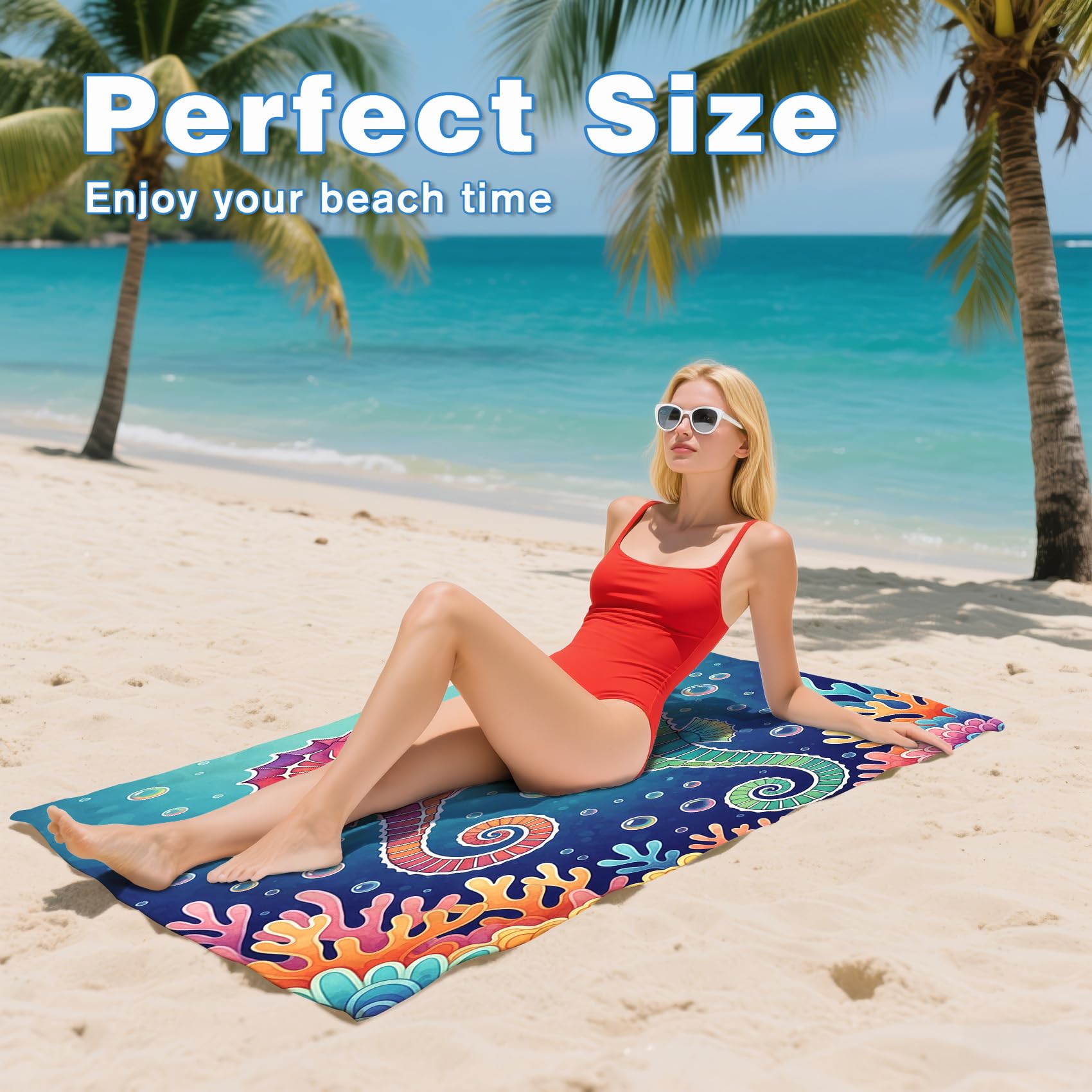 Serviette de Plage XXL Microfibre Hippocampe Animaux Marins Tropicale, Drap de Plage Séchage Rapide Anti Sable & Légère, Serviette de Bain Grande Taille 200x200 cm, Accessoire & Cadeau été