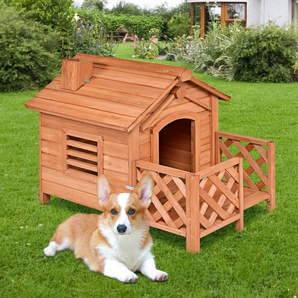 Tangkula Pet Dog House, Wooden Dog Room with Porch & Fence, Raised Vent and Balcony for Outdoor & Indoor Use, Pet House Shelter for…