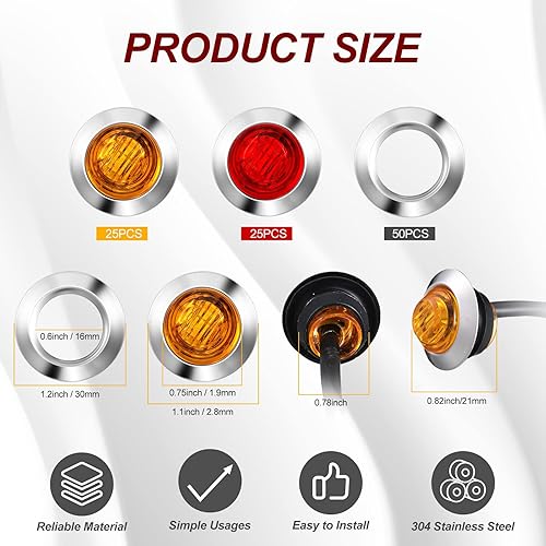 Miniatura 2 de 50 luces LED redondas de 3/4 pulgadas, 50 piezas de 3/4 pulgadas, anillo redondo de acero inoxidable, juego de bisel delantero y trasero, indicador