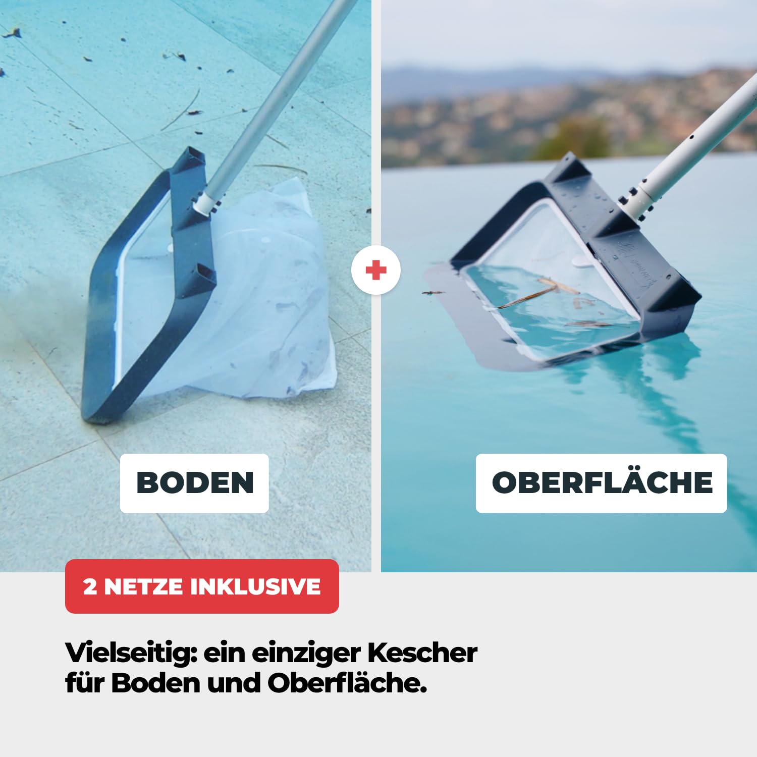 NODI Net+ | Professioneller 3-in-1 Poolkescher | Poolboden, Oberfläche & Unterflur-Rollladenkasten | Belastbarkeit 32 kg | Austauschbares Netz | Nachhaltig & Wirtschaftlich