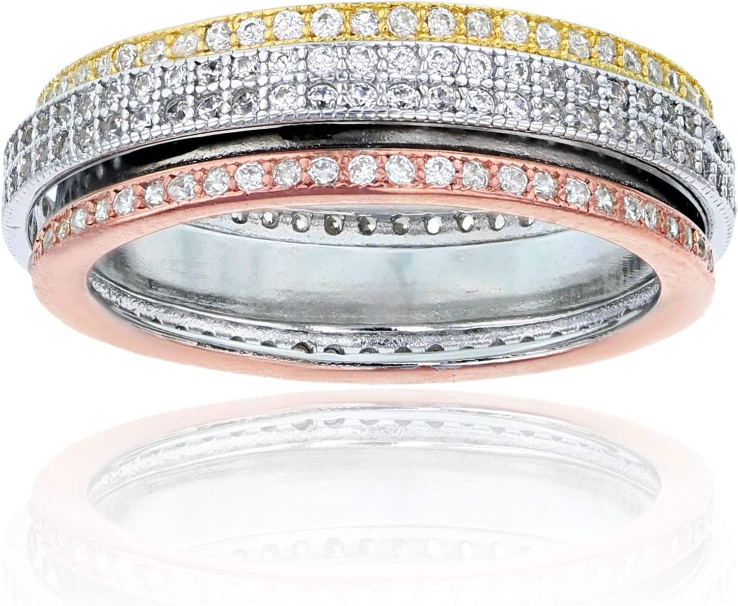 DECADENCE Sterling Silver Tricolor and Rhodium Micropave Spinner Cubic Zirconia Ring for Women