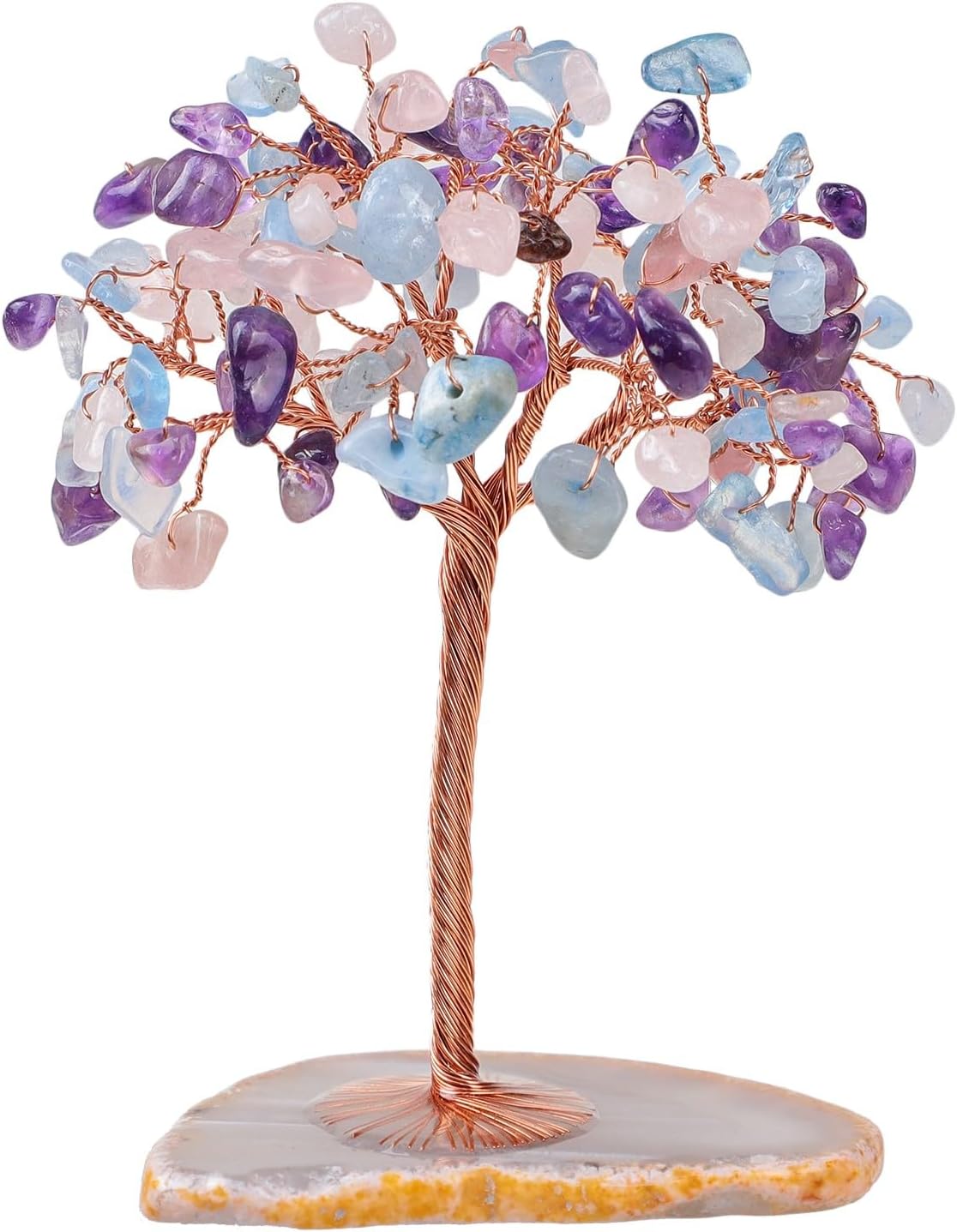 Hand Wrapped Wire Crystal Tree with Agate Slice Base for Wealth and Good Luck Feng Shui, Decorative Stone Money Tree Bonsai for Home Office Decor, Amethyst & Rose Quartz & Aquamarine