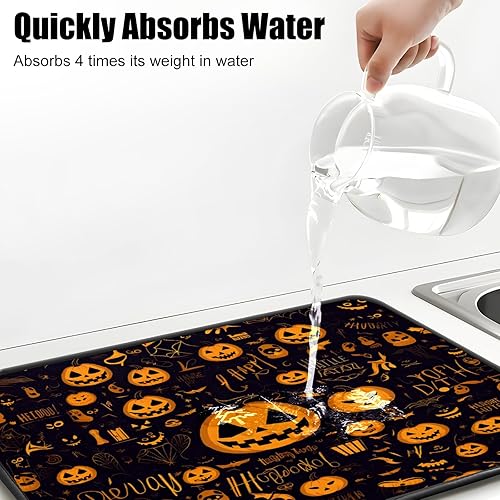 Miniatura 5 de Alfombrillas de secado de platos de calabaza gótica feliz para encimera de cocina, 24 x 18 pulgadas, decoración gótica, almohadilla de secado de