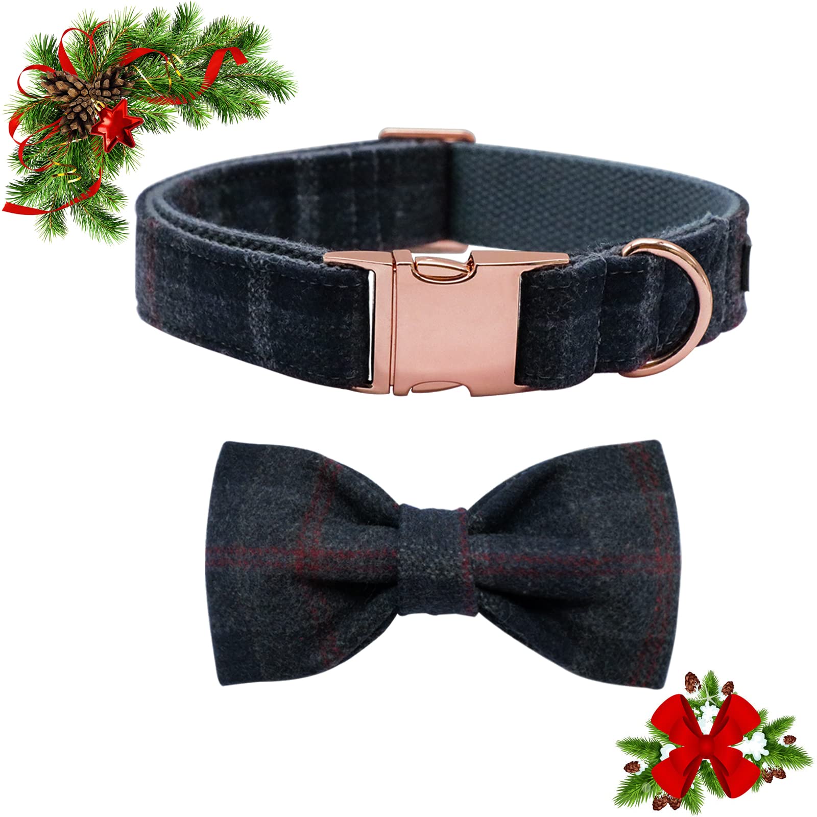 MACA Bates Dog Dark Blue Woolen Collar with Nylon- Warm and Soft Bows Dog Collar for Large Medium Small Dogs, Adjustable Dog Collar with Metal Buckle for Boy and Girl in Winter, XS Puppy Collar
