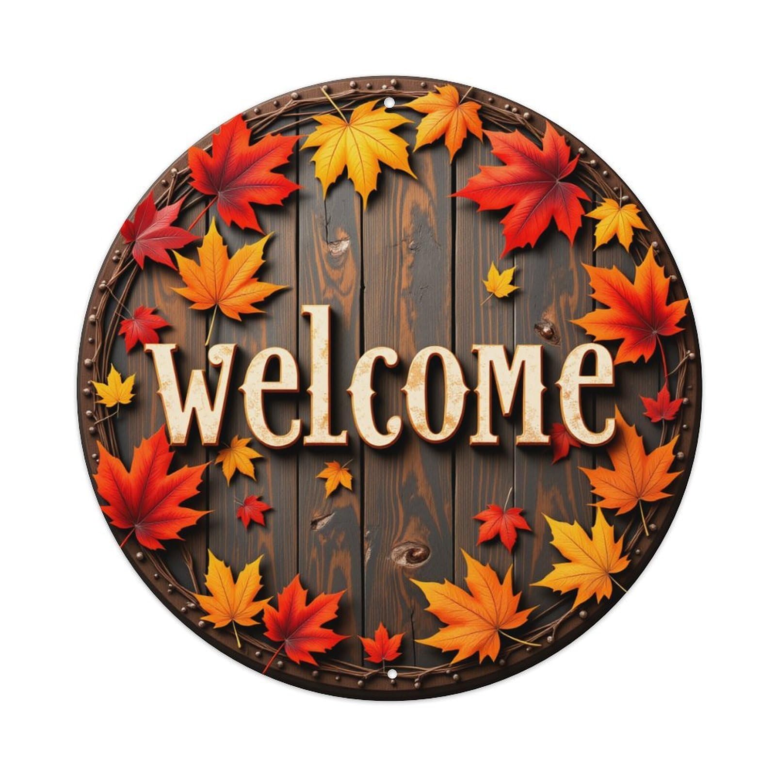 Autumn Leaves Welcome Sign Round Tin Sign Retro Metal Sign for Cafe Bar Pub Home Game Room Gym Club Wall Decoration Vintage Metal Poster 8x8 Inch
