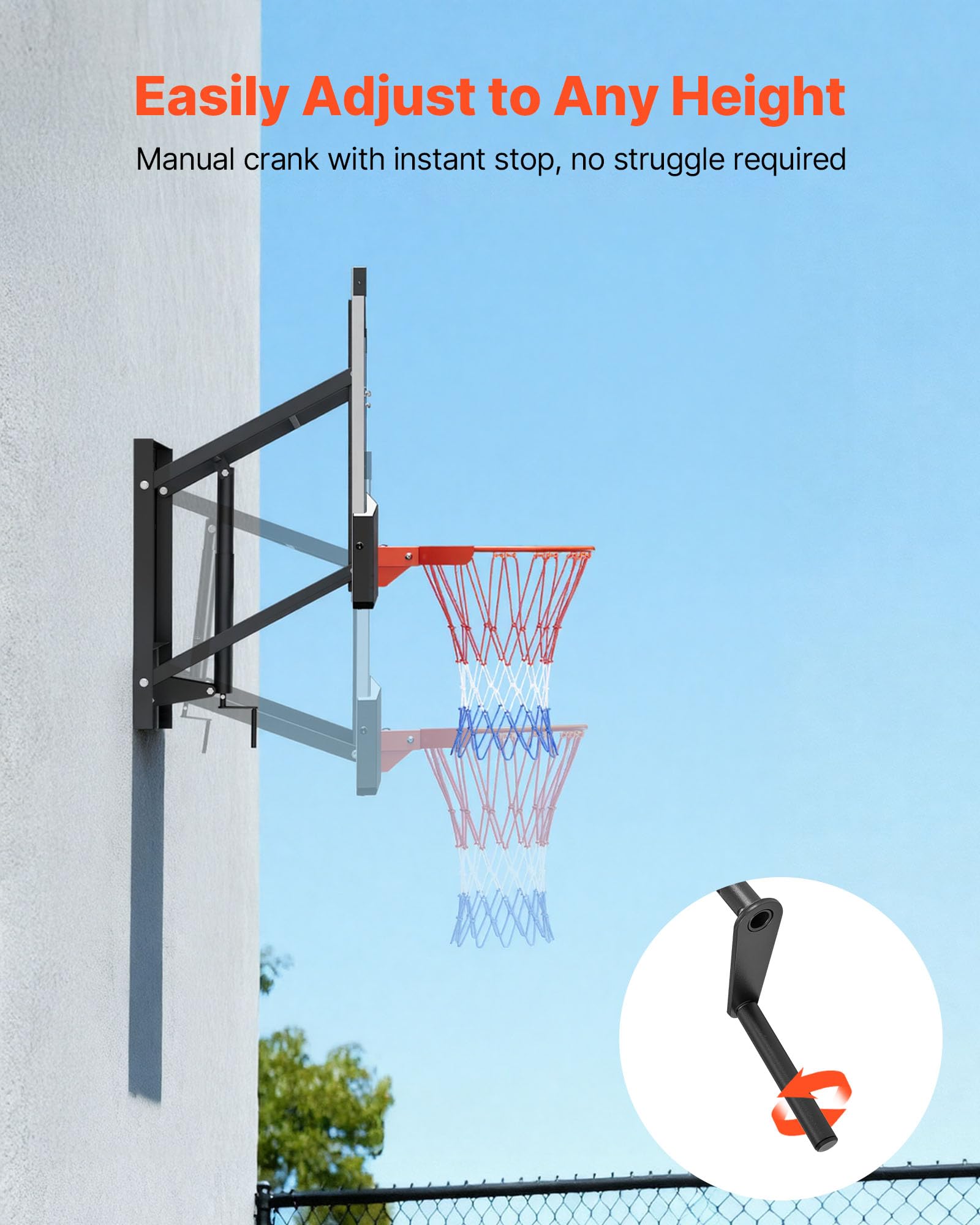 VEVOR Aro de Baloncesto de Pared, Tablero de Policarbonato, Red de Nailon Reforzado, 1390 x 1300 x 820 mm