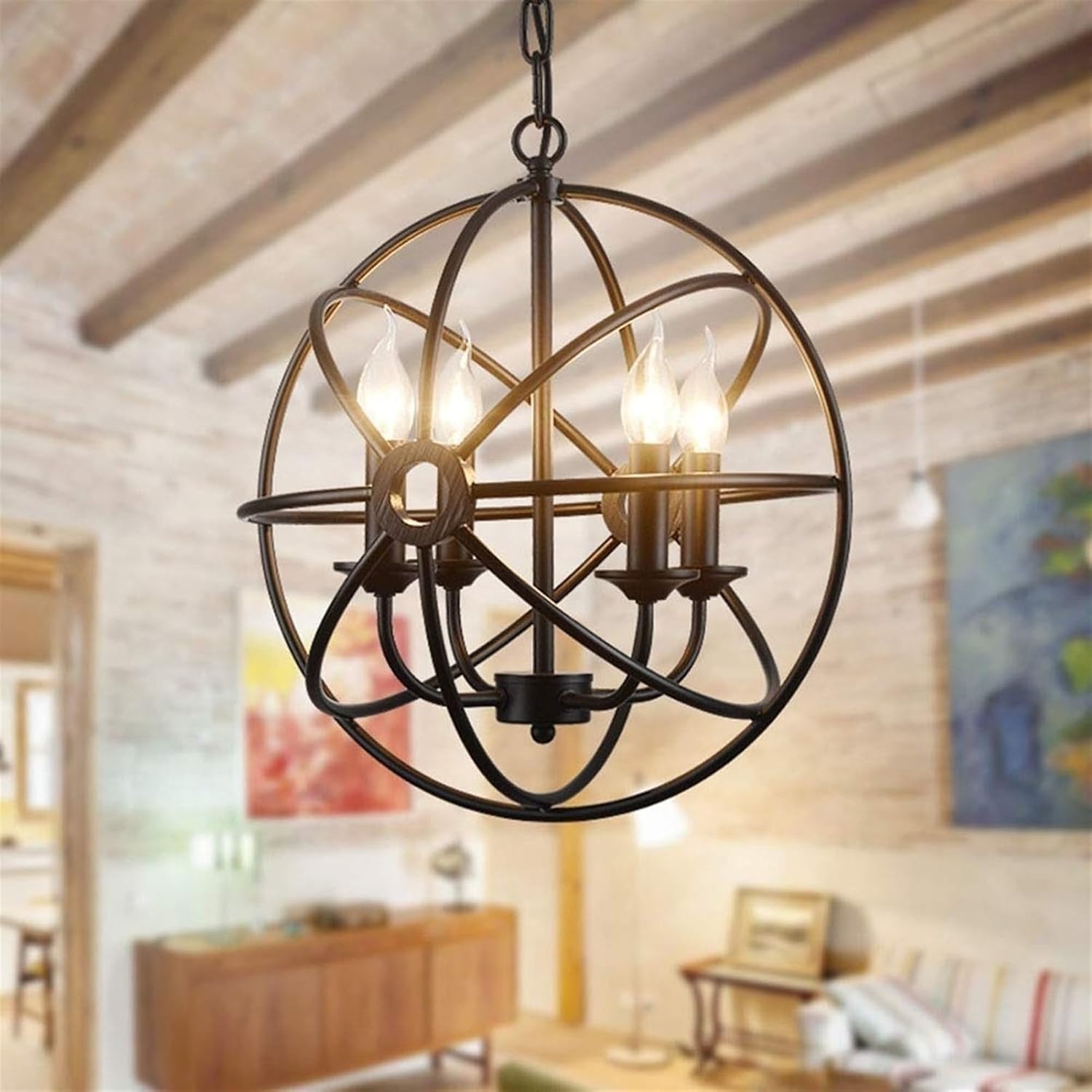 LNPTAL Industrial Metal Globe Chandelier, 16.5 Inch Orbital Sphere Hanging Lamp with 4-Light Candle Base for Dining Room Living Room and Entryway