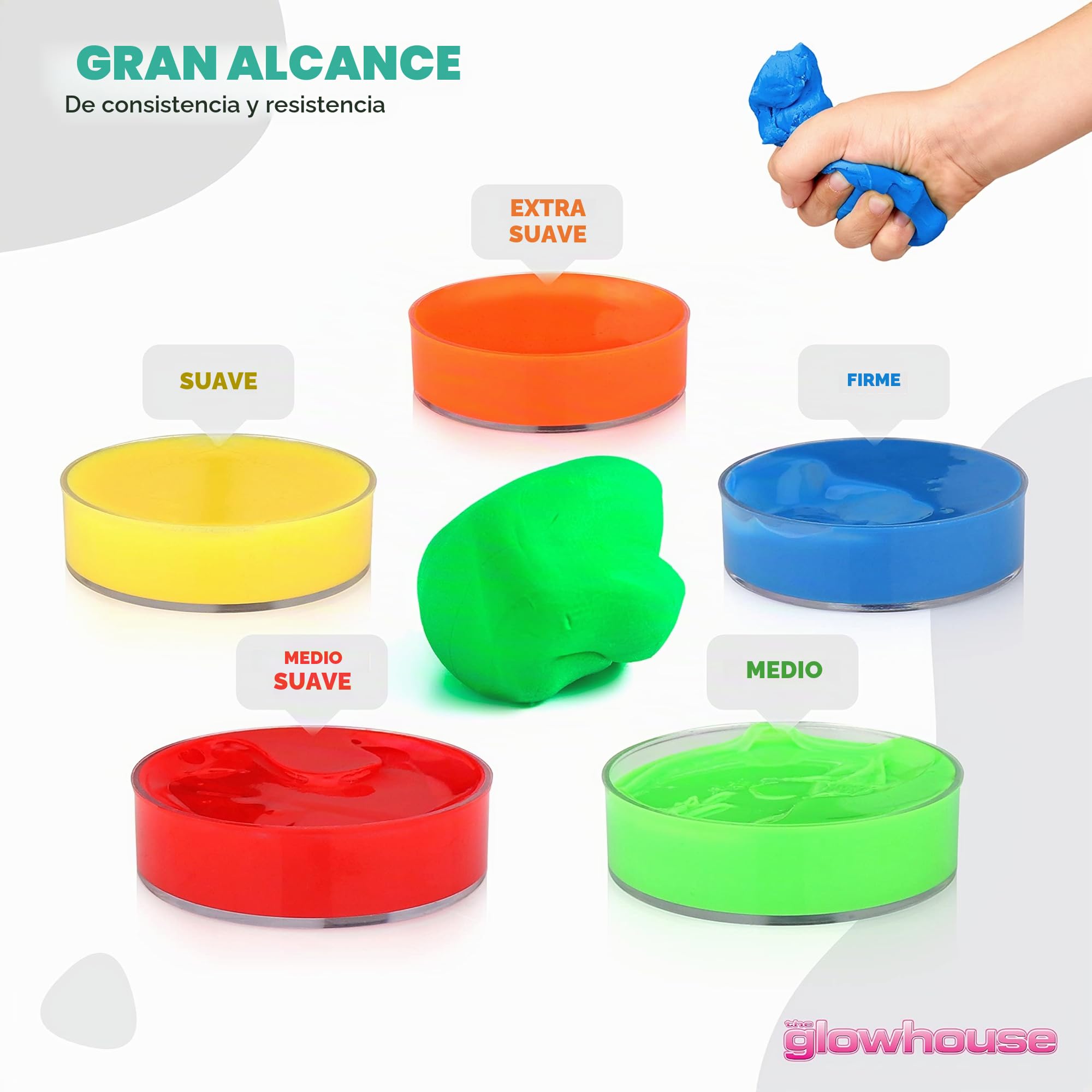 Juego de 5 masillas terapéuticas compresibles no tóxicas antiestrés de primera calidad para ejercitar las manos, 5 niveles de fuerza para adultos y niños, botes de 57 g codificados por colores