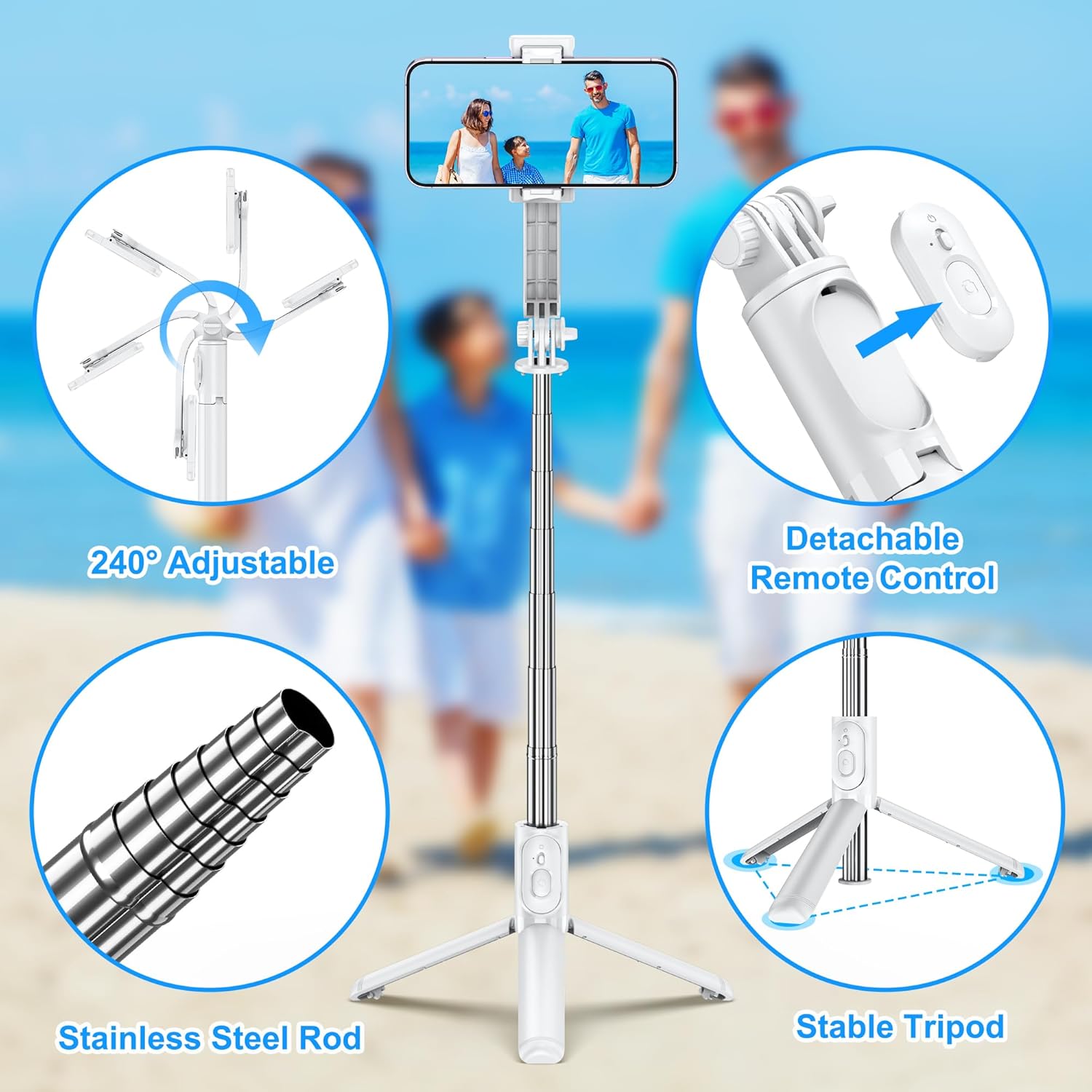 Diagram showing key features of the SelfieShow Q01: 240 degree adjustable head, detachable remote control, stainless steel rod, and stable tripod base.