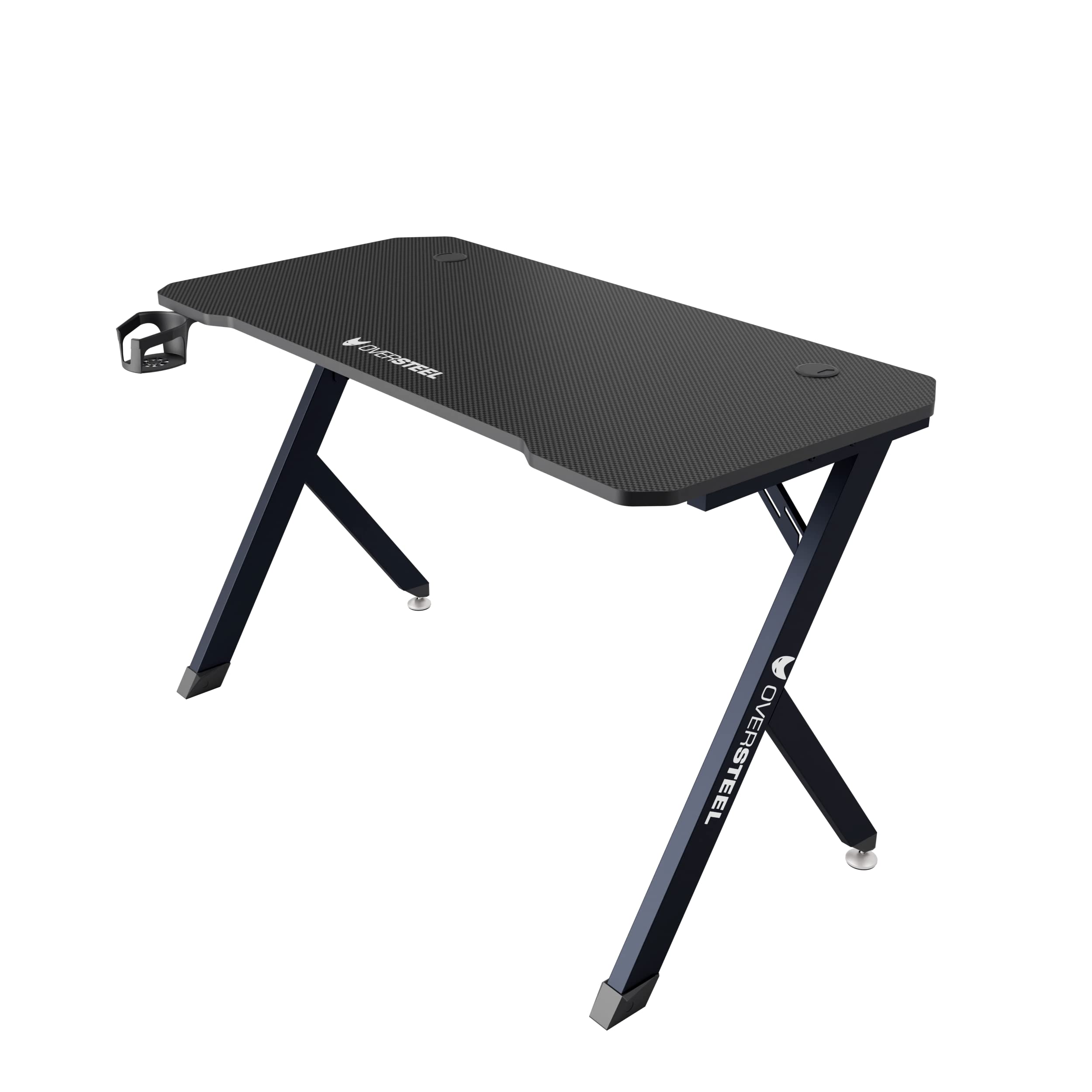 Oversteel - Vitallium Mesa Gaming 120x60x75 cm, Superficie de Fibra de Carbono, Ergonómica, Soporte para Vasos y Auriculares, Escritorio de Ordenador, Negro