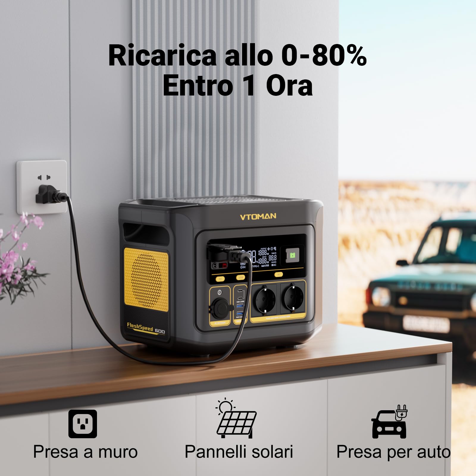VTOMAN FlashSpeed 600 Centrale Elettrica Portatile 499Wh - 600W(1200W Picco) LiFePO4 Power Station, 100W USB-C, Ricarica da 0-80% in 60 Min, Capacità Espandibile Generatore Solare per Campeggio