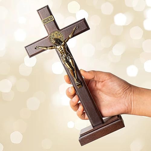 Miniatura 6 de KUXBET Crucifijo de madera con soporte desmontable de 10 pulgadas de pie católica de madera católica Jesucristo colgante de pared para decoración