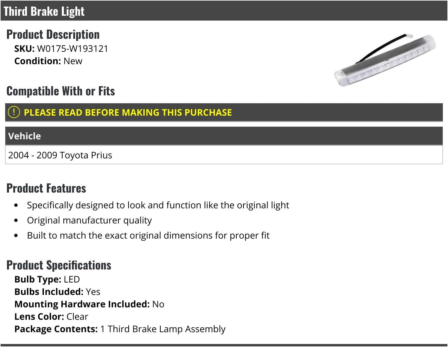 Marketplace Auto Parts 3rd Third Brake Light Stop Lamp Lens - Clear - Compatible with 2004-2009 Toyota Prius