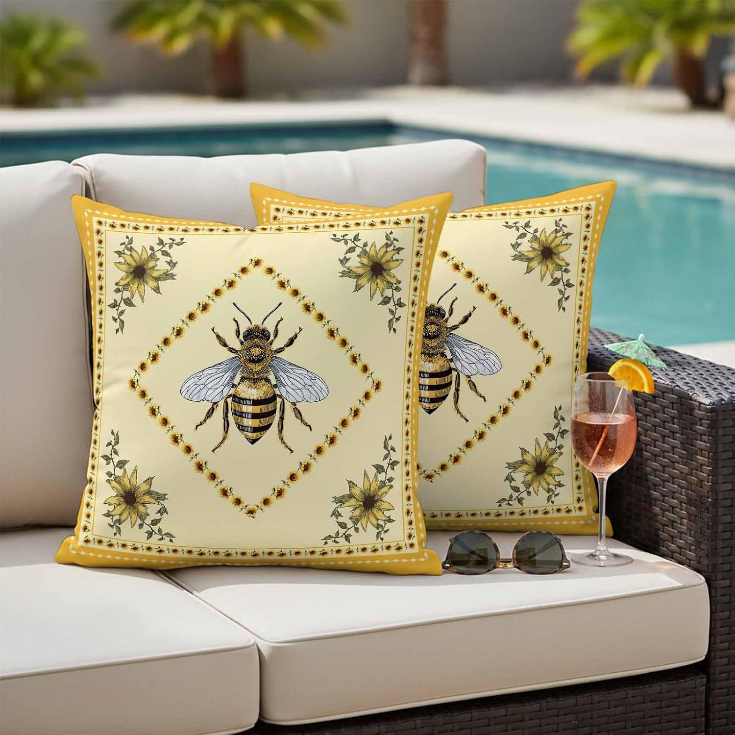 Sunflowers and Bee Outdoor Pillow Covers Set of 2, Farmhouse Retro Floral Decorative Waterproof Throw Pillow Case, Animal Honeybee Cushion Pillowcases for Couch Garden Patio 20x20In