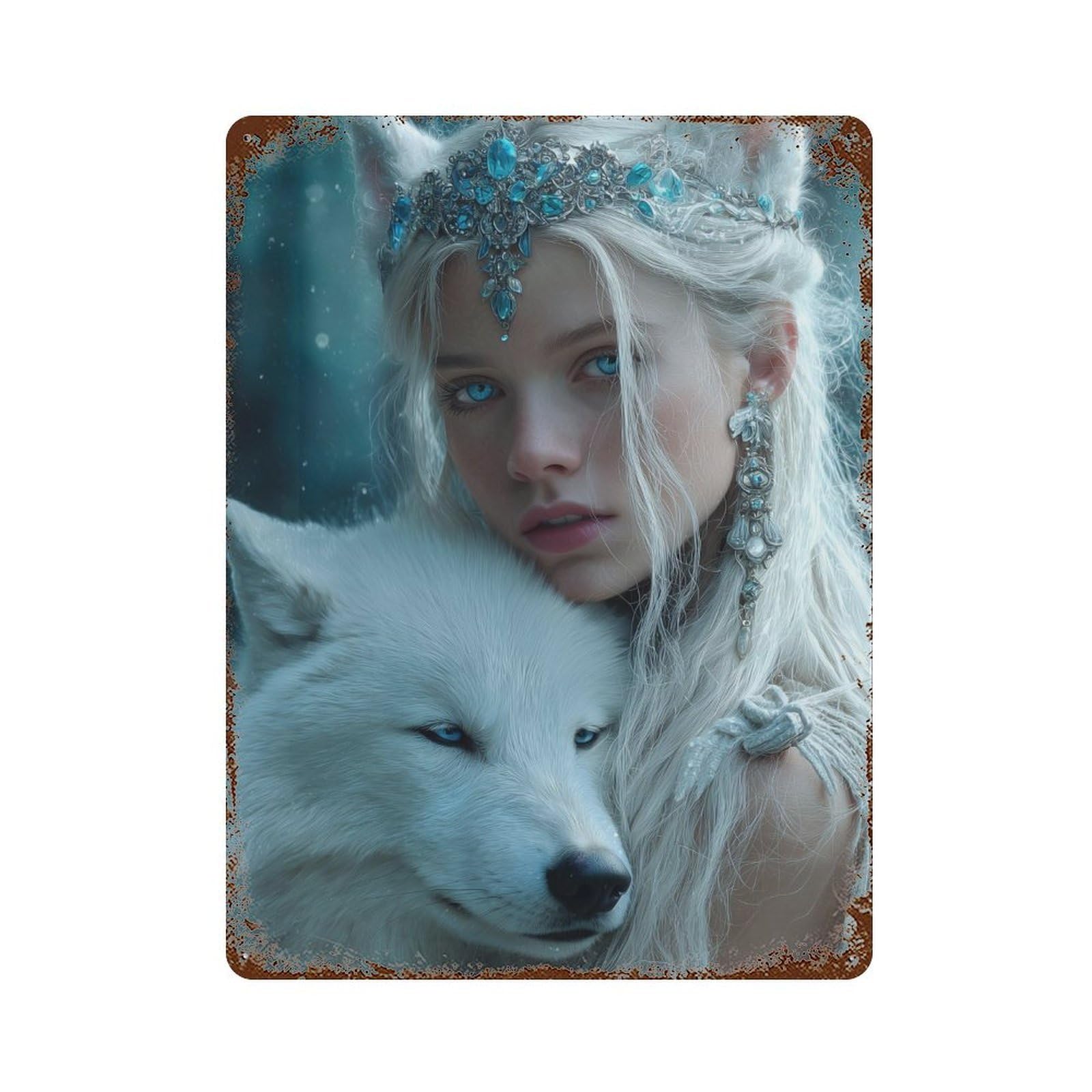 Garage Style Ethereal Fantasy Wolf Queen Rustic Tin Plaque 15.7"x11.8", Vintage Wall Decor for Bar And Workshop