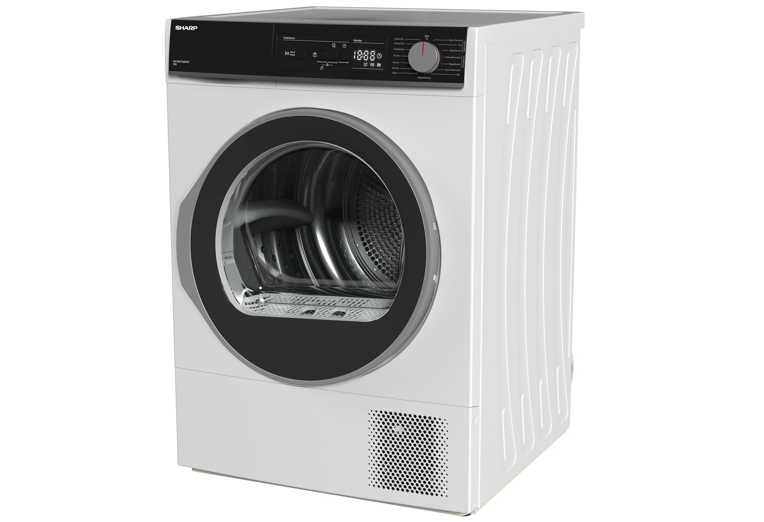 SHARP KD-NHA7S6GW1D-DE Wärmepumpentrockner (7 kg, EEK D), (15 Trockenprogramme, 20 Min. Kurzprogramm, Edelstahltrommel mit LED-Beleuchtung), Weiß