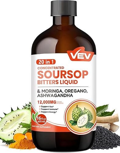 VEV Líquido amargo de guanábana, fórmula sin azúcar con extracto de graviola, 20 en 1, con semilla negra, moringa y orégano, salud digestiva y