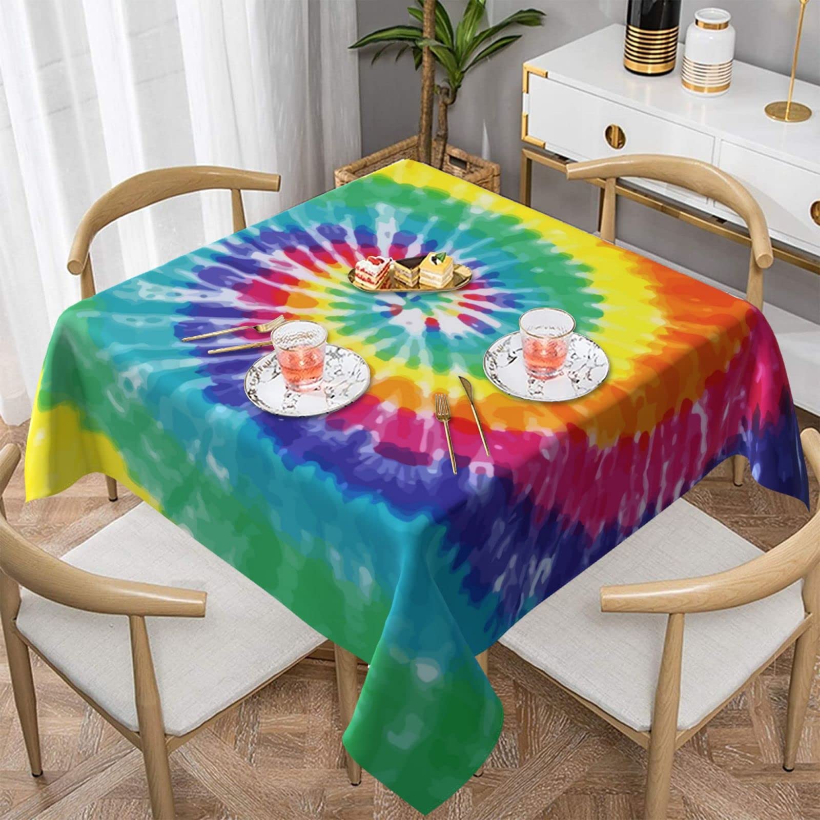 Kawani Tie Dye Tablecloth Square 54 x 54 Inch Vinyl Spring Rainbow Tablecloths for Party Waterproof Fabric Tablecloths Decorative for Holiday Home Party Wedding Picnic โ image 1