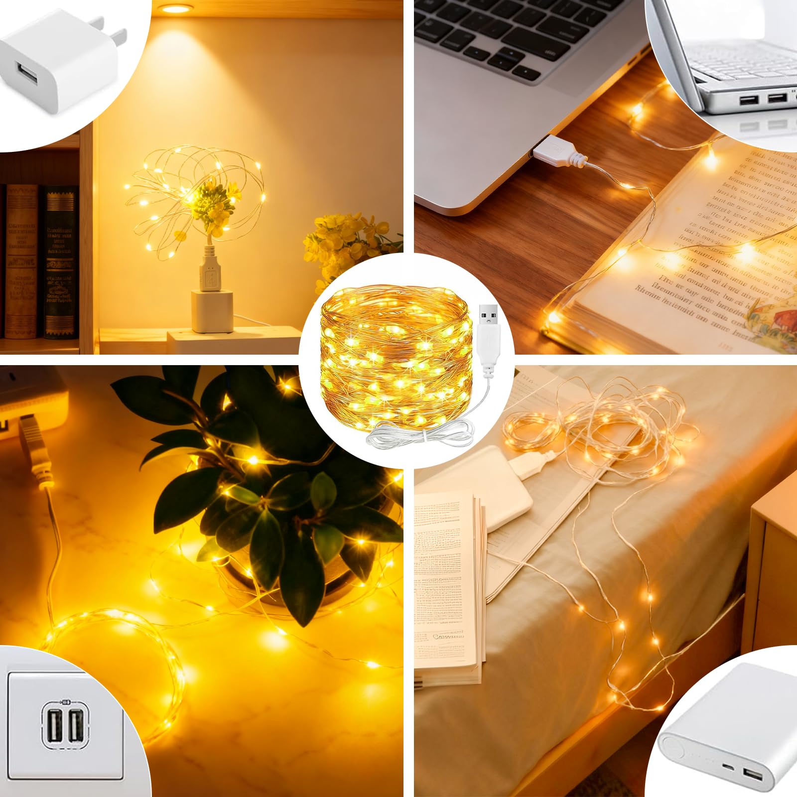 ALEGRE łańcuch świetlny LED z USB, 5 m, 50 diod LED, łańcuch świetlny z drutem miedzianym z wtyczką, wodoodporny łańcuch świetlny w kolorze ciepłej bieli do użytku wewnątrz i na zewnątrz, świąteczne