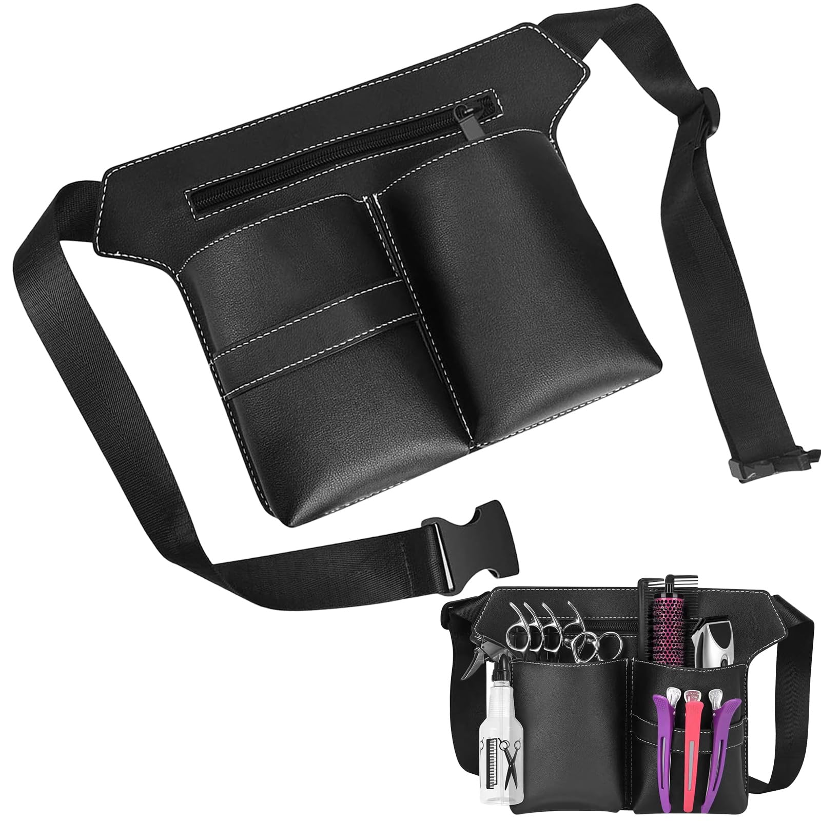 Friseurtasche Schwarz – PU Leder Friseur Gürteltasche mit Gürtel, Professionelle Friseur Werkzeugtasche für Scheren Kämme, Tragbare Scherentasche für Friseure, Große Friseur Tasche Salon Zubehör - 1