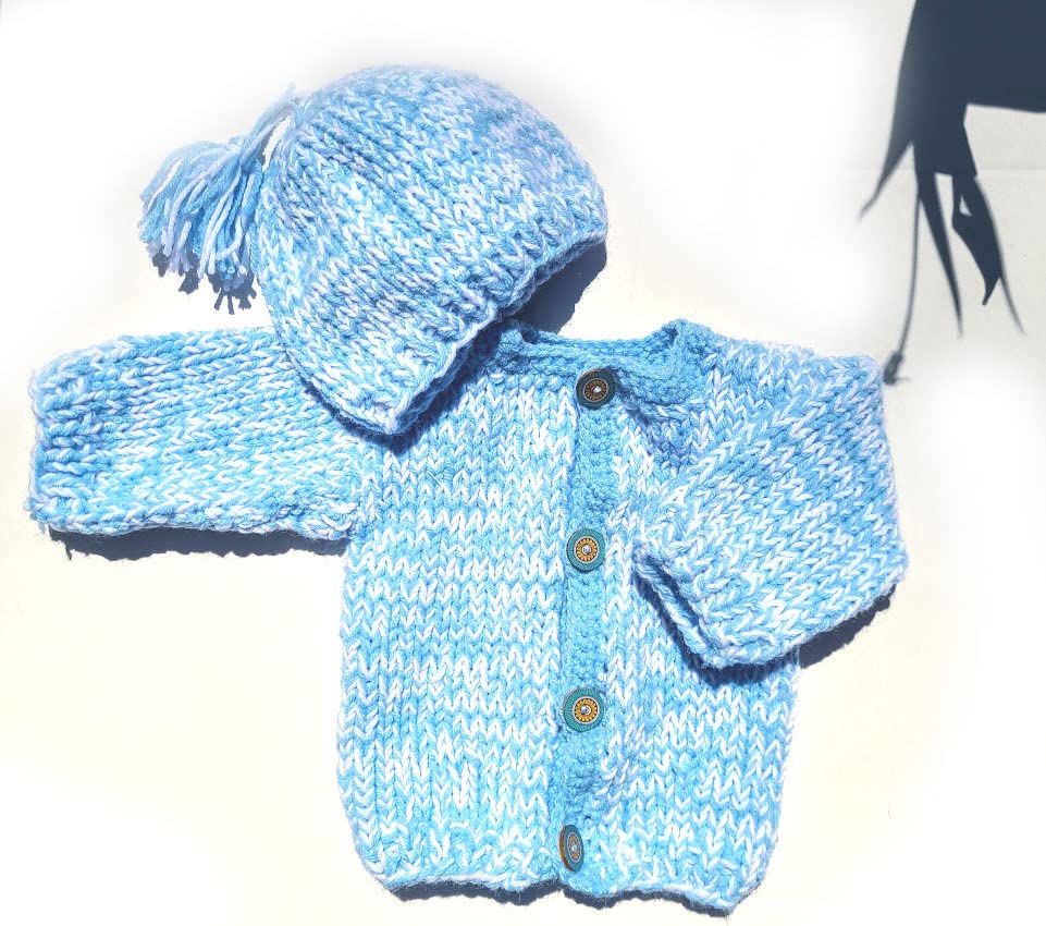 KSS Handmade Light Blue Knitted Baby Boy Sweater/Jacket and Hat (12 Months)