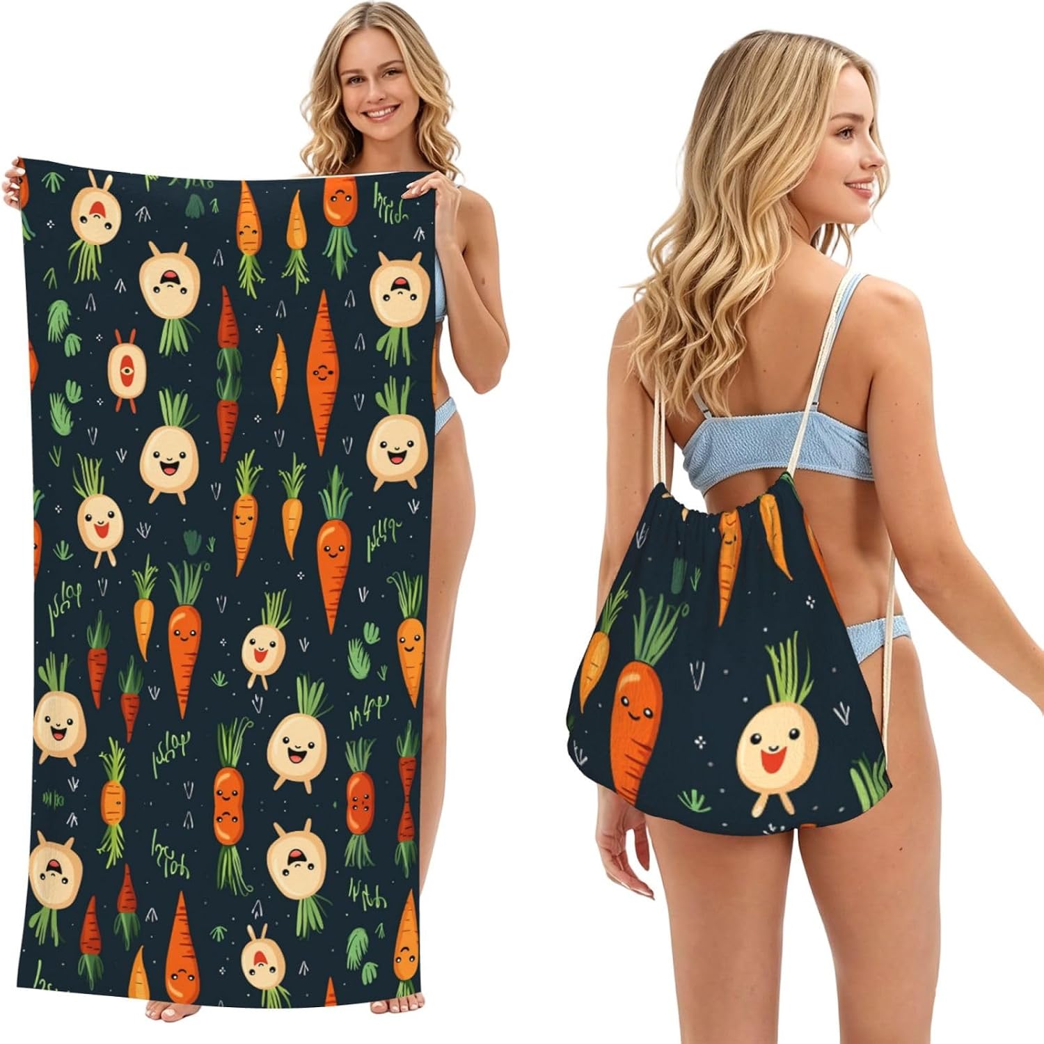 2 in 1 Packable Towel Bag,Soft Absorbent Pool Towels Backpack Quick Dry Lightweight Beach Towels Happy Carrot Drawstring Bag for Travel Camping Sports Picnic