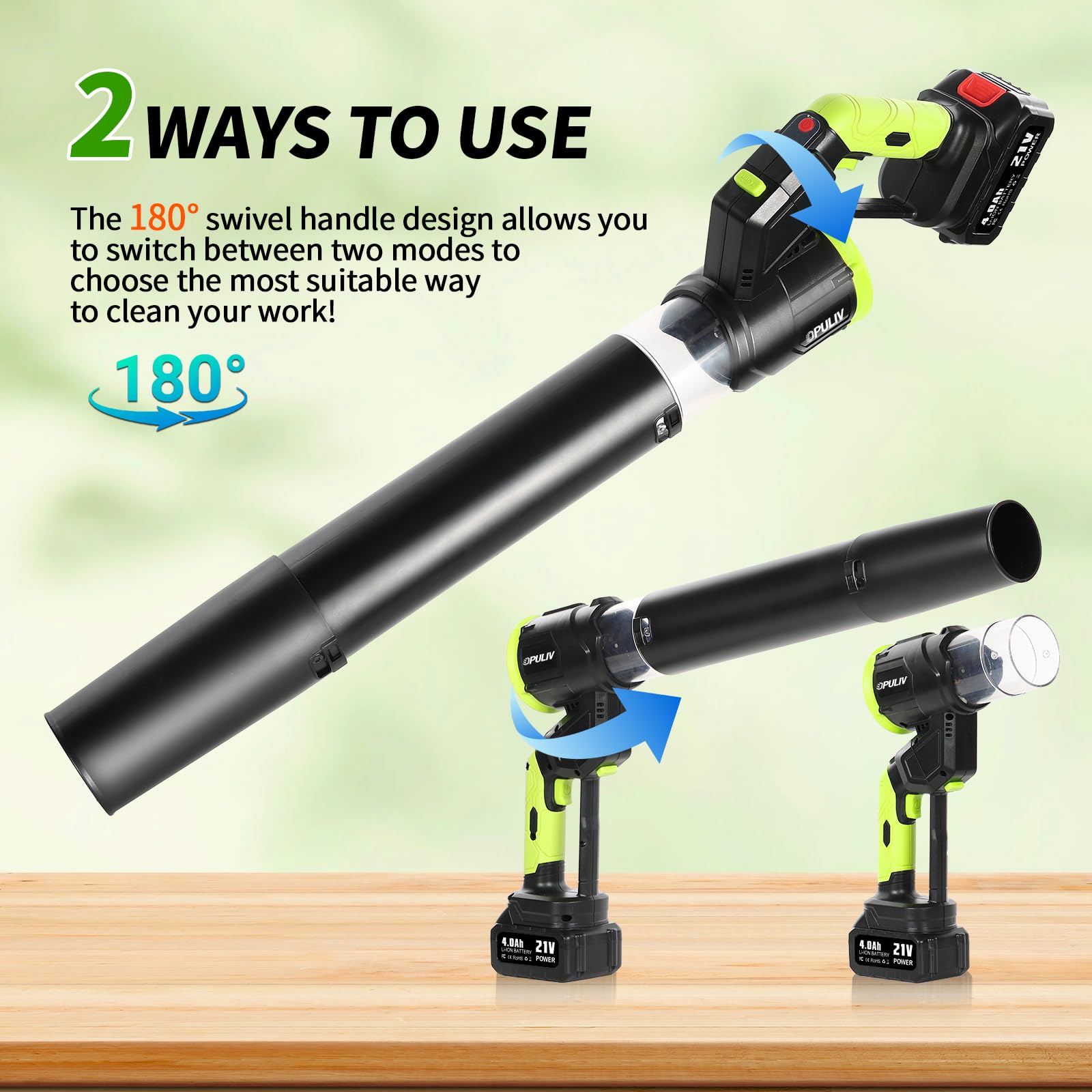 Soplador de hojas inalámbrico, soplador de hojas eléctrico inalámbrico con 2 baterías y cargador, 4 velocidades de viento, 2 modos de mano, batería de 4.0/5.0 AH, sopladores ligeros para