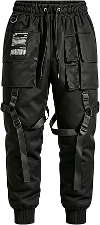 MOKEWEN Mens Patchwork Straps Jogger Harem Cargo Ninth Pants with Big Multi Pockets Elastic Waist