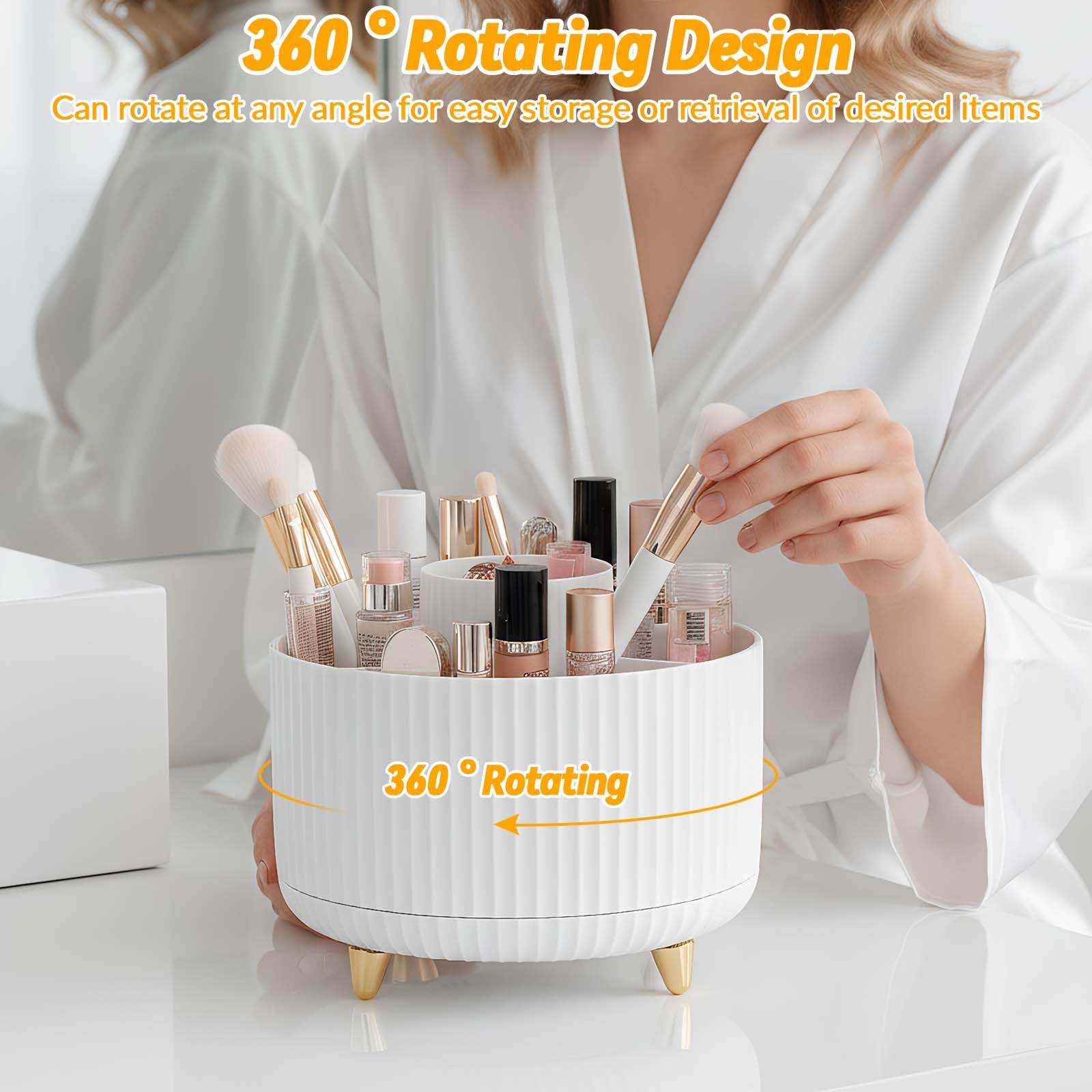 360° Rotante Porta Trucchi Organizer, Spazzola per Trucco 5 Griglie, Multifunzione Organizer per Trucco Cosmetico, Organizer Girevole per Comò, Camera da Letto, Bagno (Bianco)