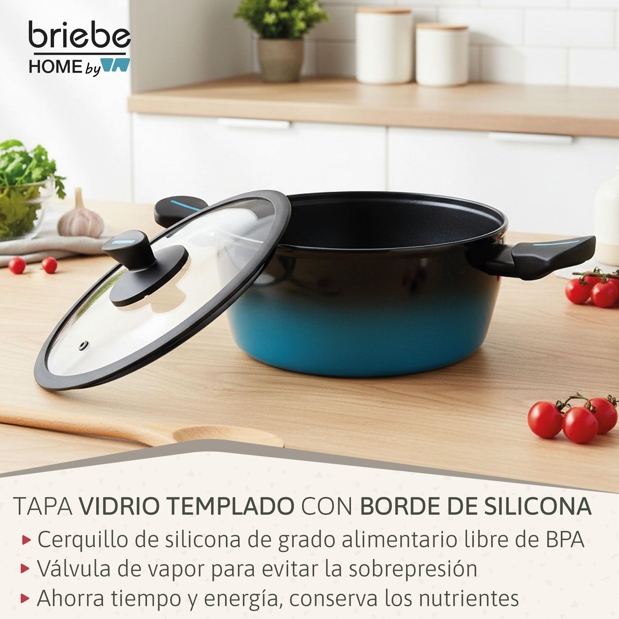 briebe MARE Cacerola Inducción, Acero Forjado 24 cm, Antiadherente Libre PFOA, Cazuelas Profesionales, Alta Resistencia, Aptas Para Todo Tipo de Fuegos, Tapa de Cristal, Fabricada en España