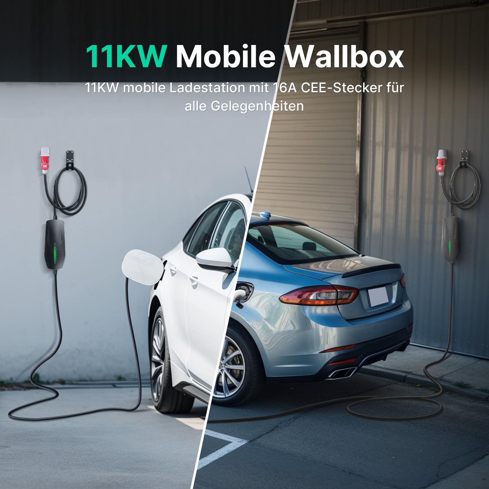 Typ 2 Mobile Wallbox 11KW mit 16A CEE Stecker, [ 3-phasig | 6A -16A | 6m Ladekabel ] der Tragbare EV Ladegerät, IP66 Wasserdicht Mobile Ladestation für EV PHEV Tragbare Taschen