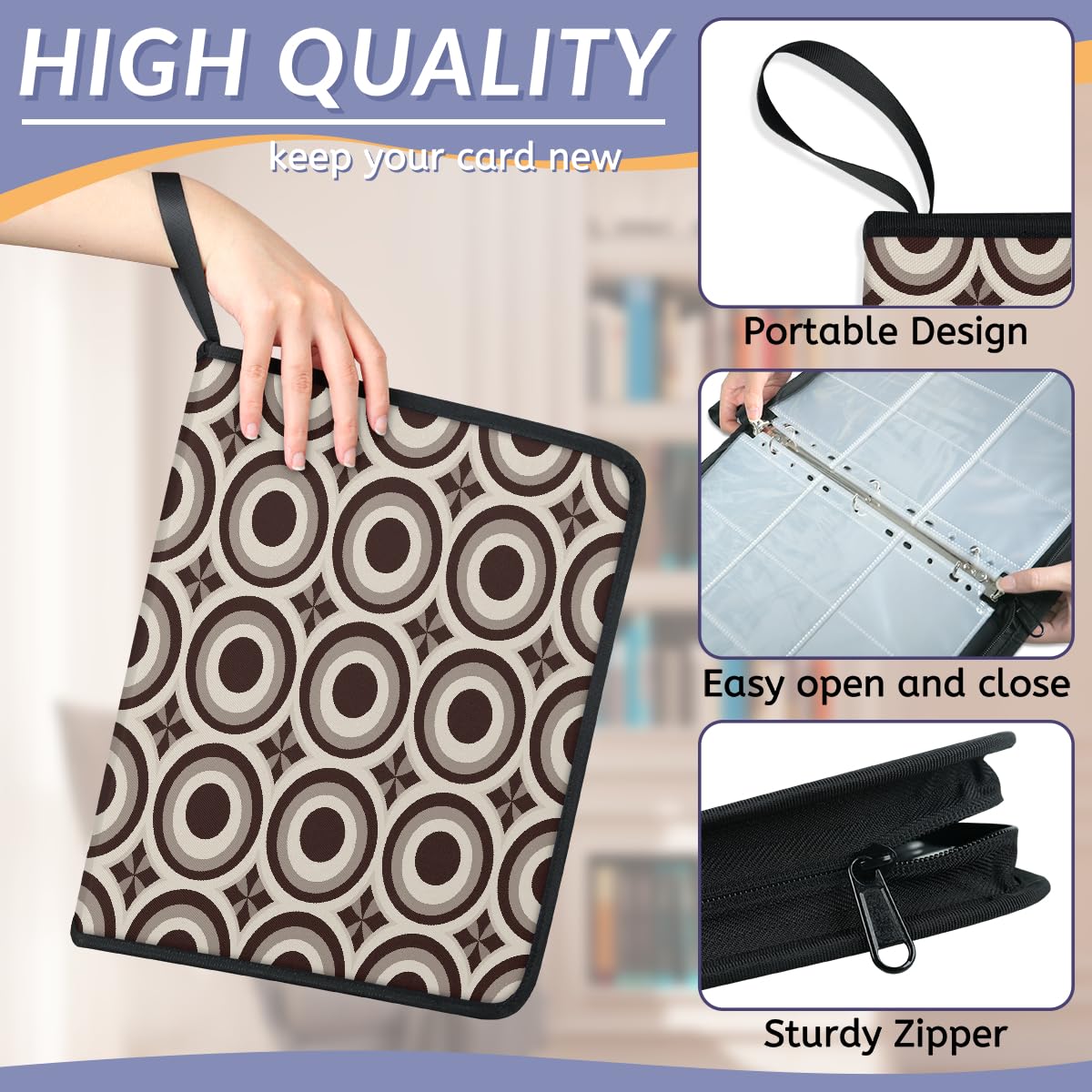 Raccoglitore per carte con 9 tasche, 900 tasche, con chiusura a cerniera (stampa circolare ad anello circolare marrone chiaro)