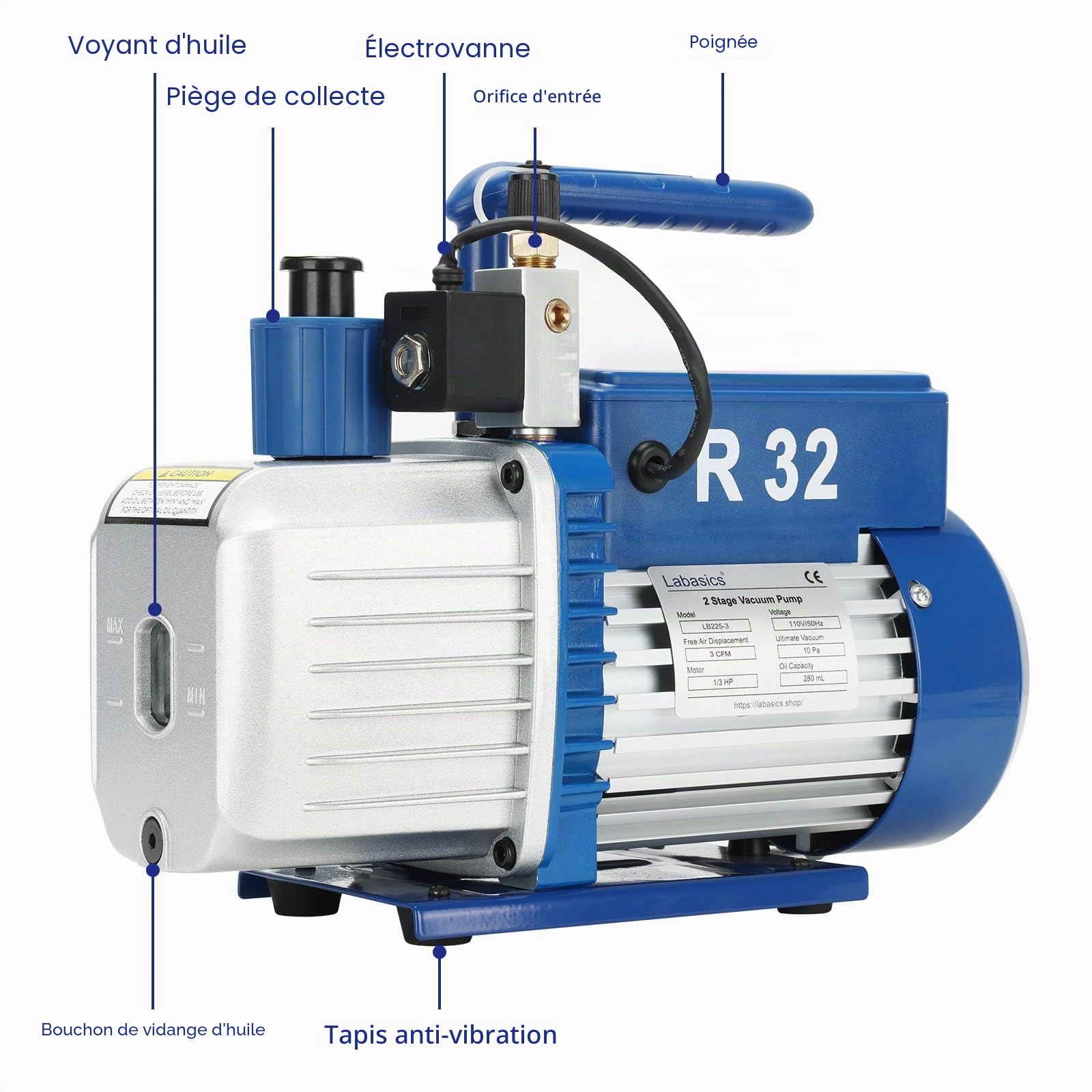 Labasics Pompe à Vide Bistade à Palette Rotative avec Fonction Antidéflagrante R32, Vide Ultime 10-15 Pa, 220 V, Débit 2,5 CFM, 70 L/Min, pour Expériences et Maintenance d’Instruments de Laboratoire