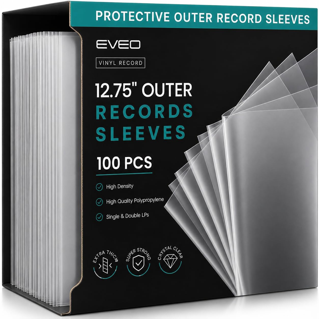 EVEO 100 Vinyl Record Sleeves Outer – Crystal Clear Outer Vinyl Sleeves LP Album Covers 12.75"x12.75" | Perfect Fit Protective 3 Mil Protection for Single & Double LPs - Archival Quality