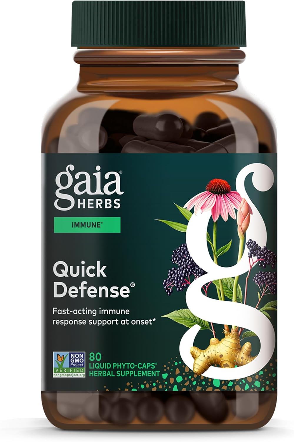 Gaia Herbs Quick Defense - Fast-Acting Immune Support Supplement* - Echinacea, Black Elderberry, Ginger & Andrographis - 80 Vegan Liquid Phyto-Caps (40 Servings)