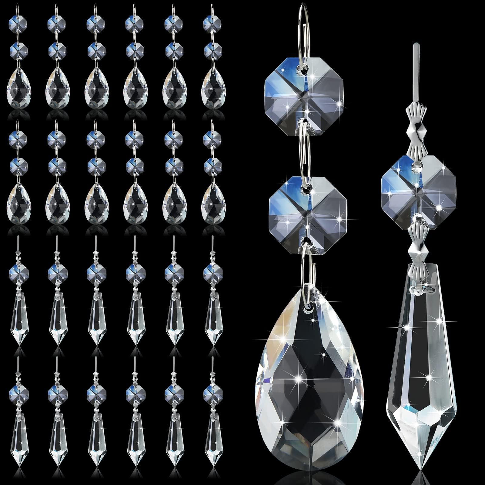 24 Pcs Chandelier Crystal Replacement 38 mm Clear Teardrop & Icicle Crystal Prisms Hanging Crystals for Lamps and Chandeliers Suncatcher Crystal Christmas Tree Windows Home Decor(24 Pieces)