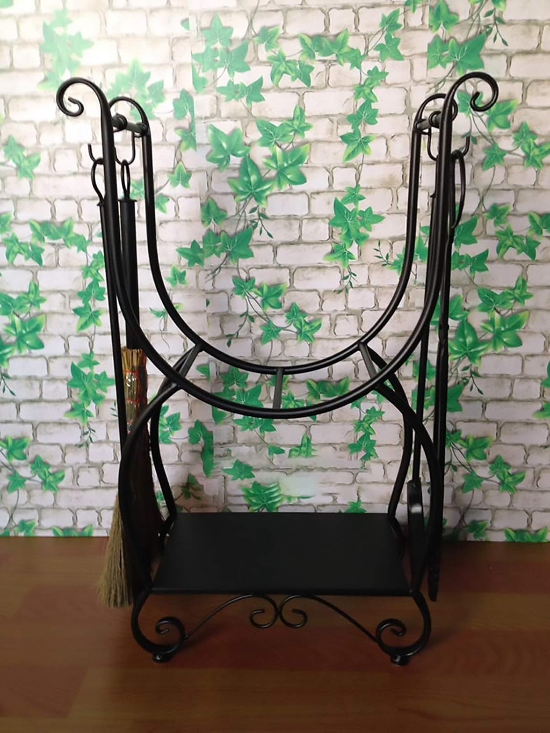 Spark Guard Firewood Stand Log Rack with 4 Fireplace Accessories, Heavy Duty Steel Log Rack Firewood Storage for Indoor Outdoor Coal Holder - 45×20×70cm