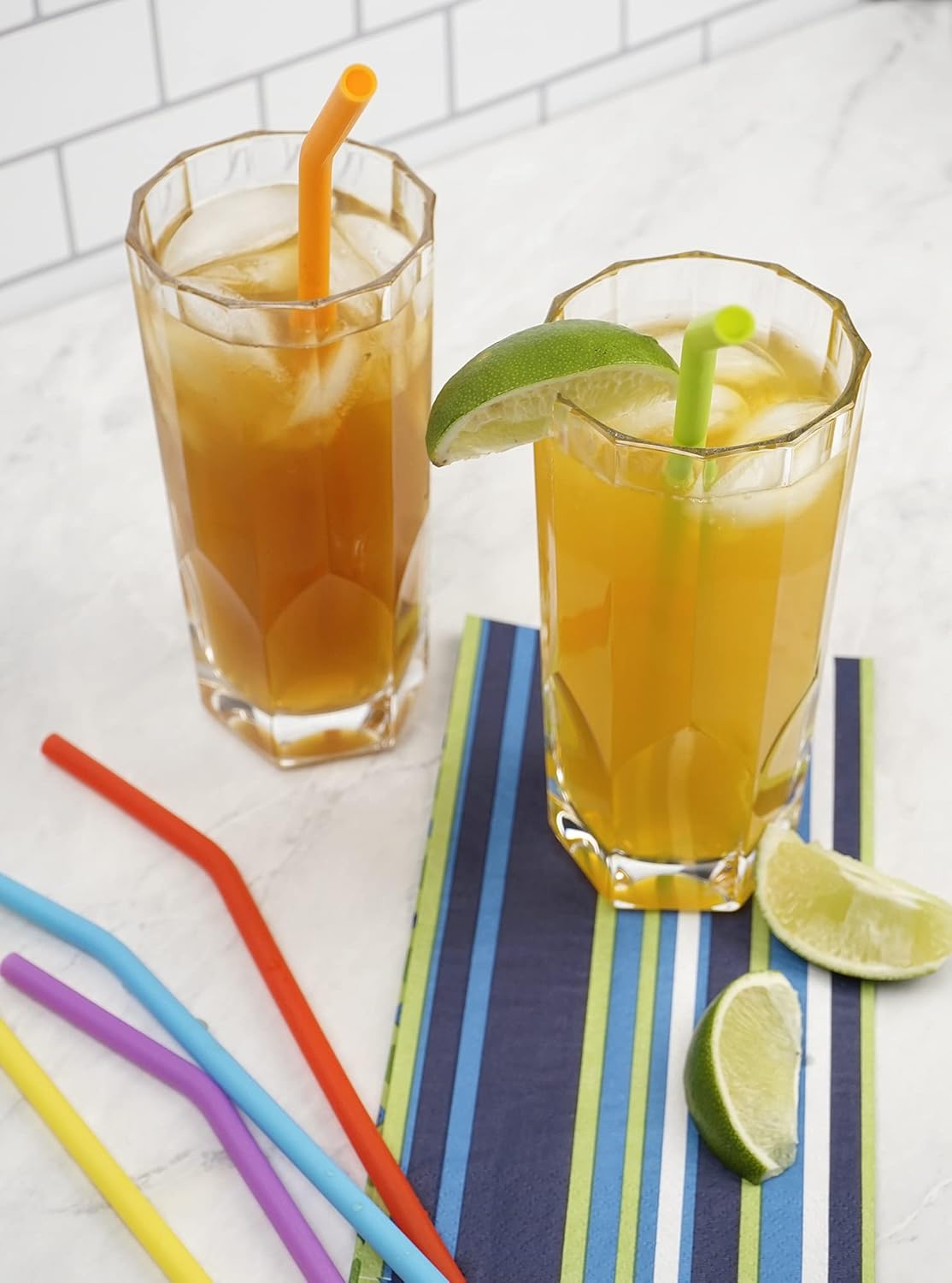 RSVP International Reusable Straw Set Dishwasher Safe, 10 Inch, 6 Piece, Silicone Curved