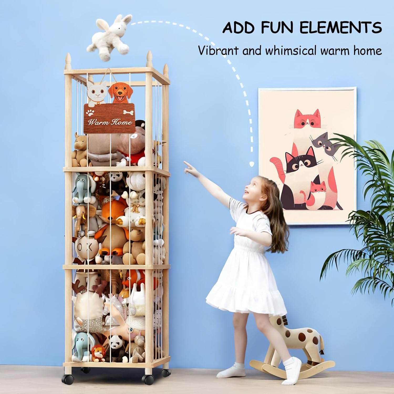 Large Stuffed Animal Storage with Cat & Dog Design, Wooden Stuffed Animal Zoo, Rolling Stuffed Animal Holder, Toy Storage Cage, Plushies Storage for Playroom Bedroom