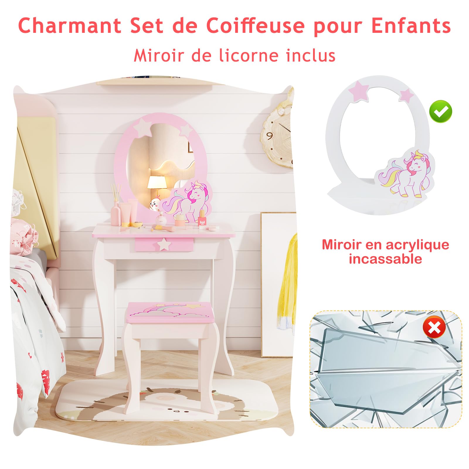 LIFEZEAL Coiffeuse avec Miroir et Tabouret Enfant, Coiffeuse Enfant Licorne Fille 3-7 Ans, Table de Maquillage Bois avec Tiroir pour Petite Princesse (Rose)