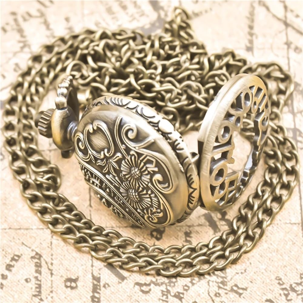 Collana con Orologio da Tasca Compatto e Delicato in Bronzo Numeri Arabi, Piccolo Regalo