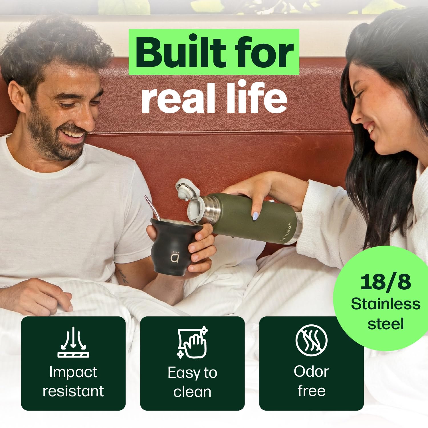KALMATEH Termo de acero inoxidable con aislamiento al vacío de doble pared (760 ml), vertido preciso y retención de calor, para yerba mate, café, té, camping (verde militar)